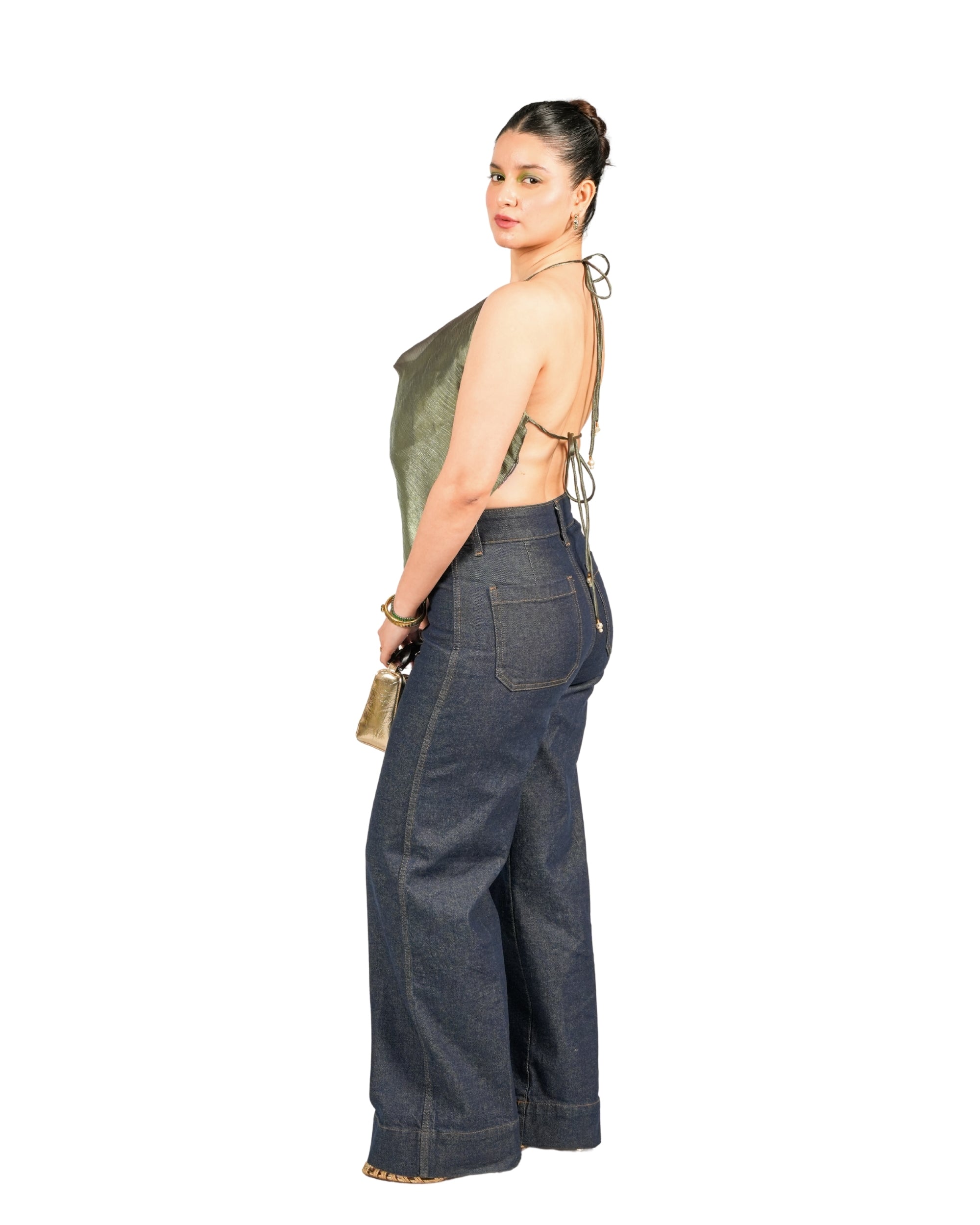 Olive green evening top with tie-up back and fluid silhouette