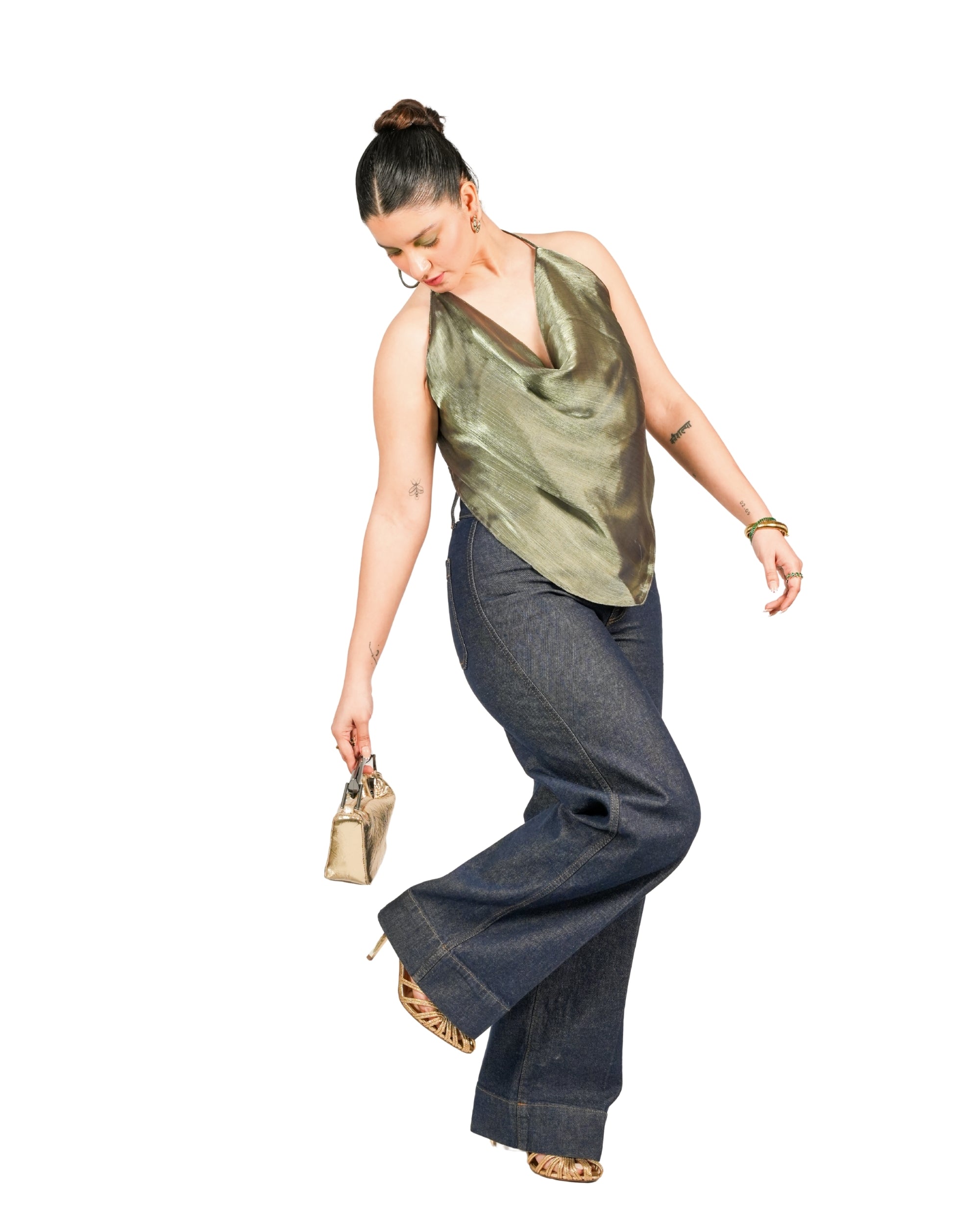 Olive metallic satin halter top with draped neckline and backless tie-up design for women