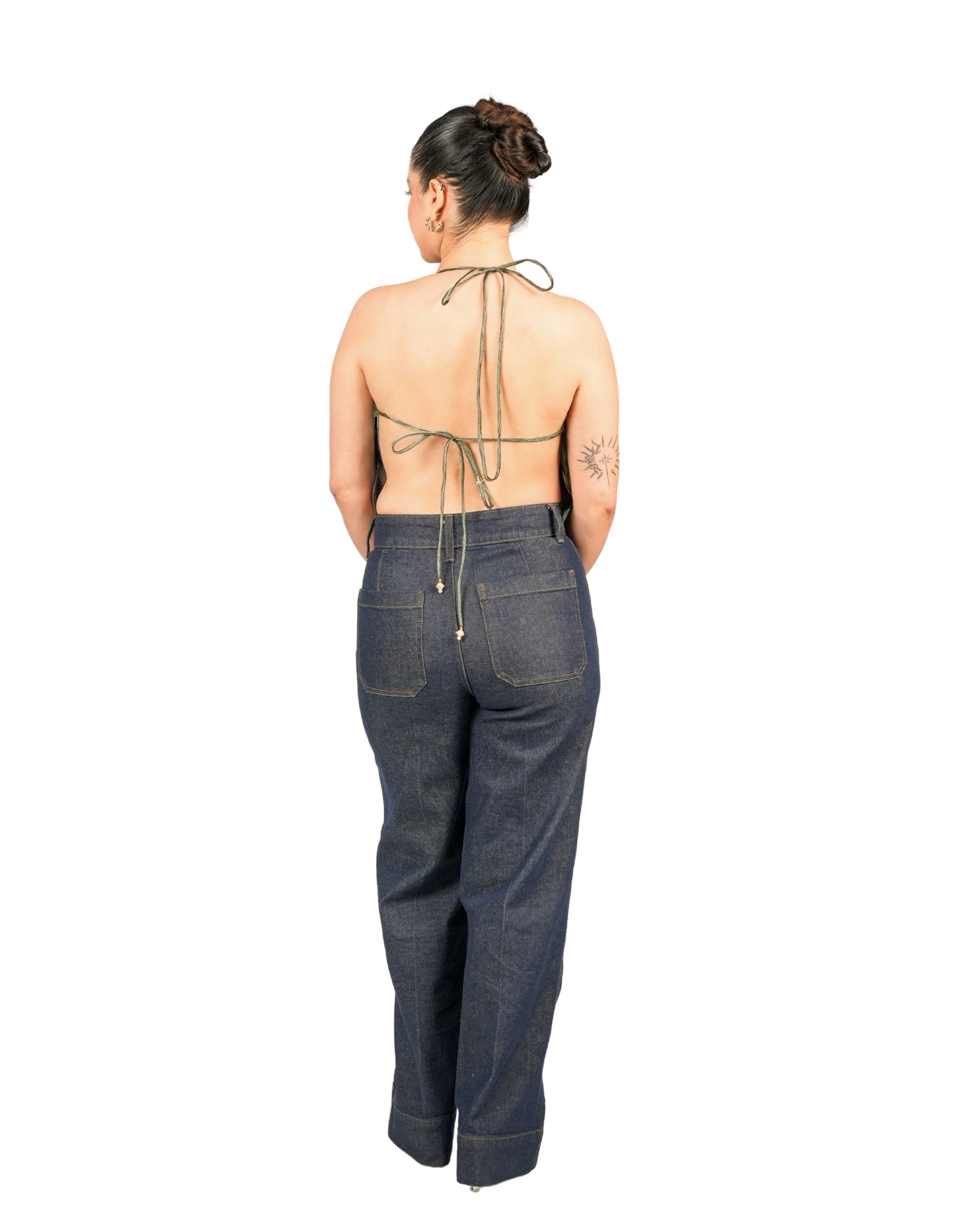 Olive green evening cowl top with tie-up back and fluid silhouette