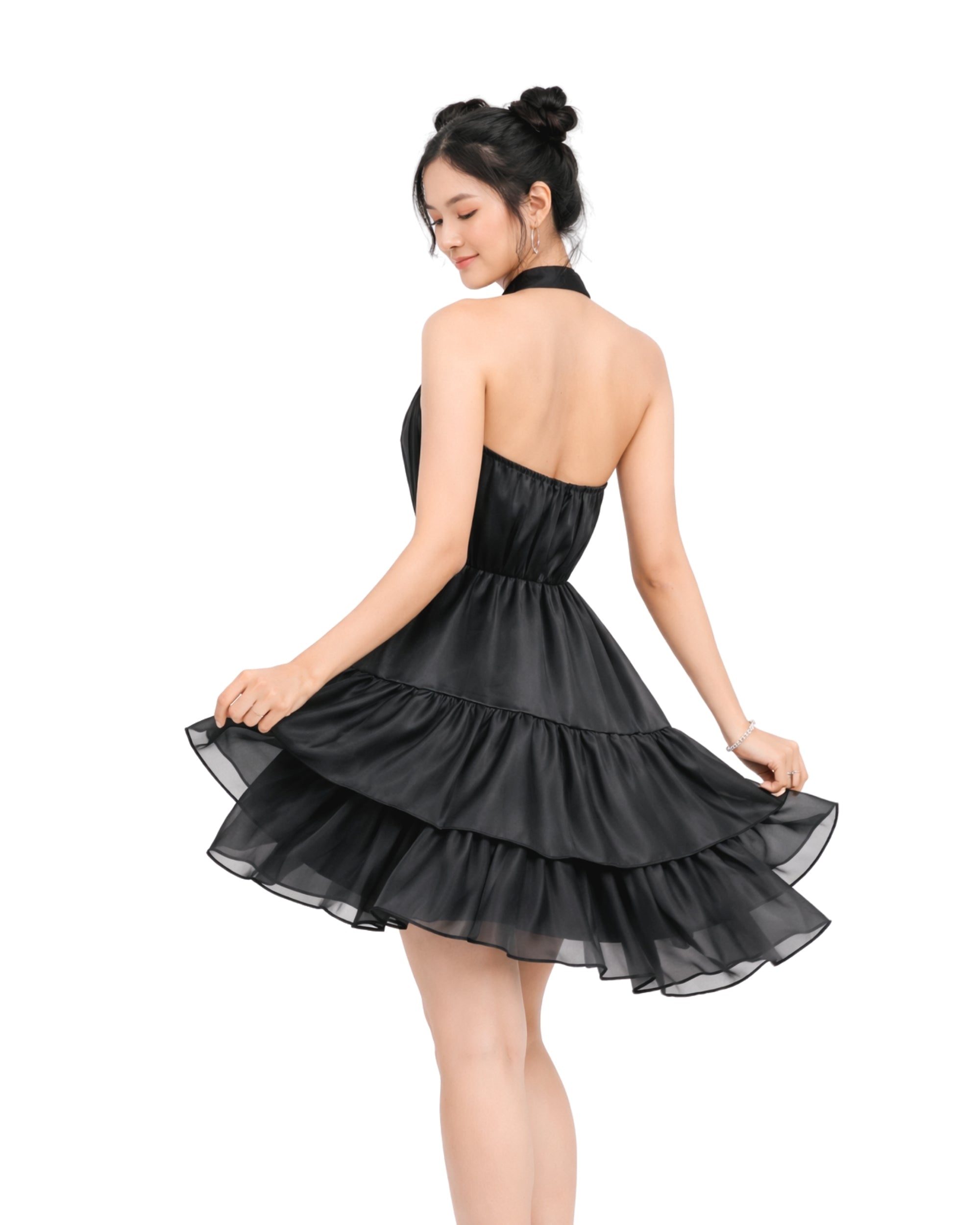 Black satin halter neck mini dress with layered organza ruffles and tiered silhouette