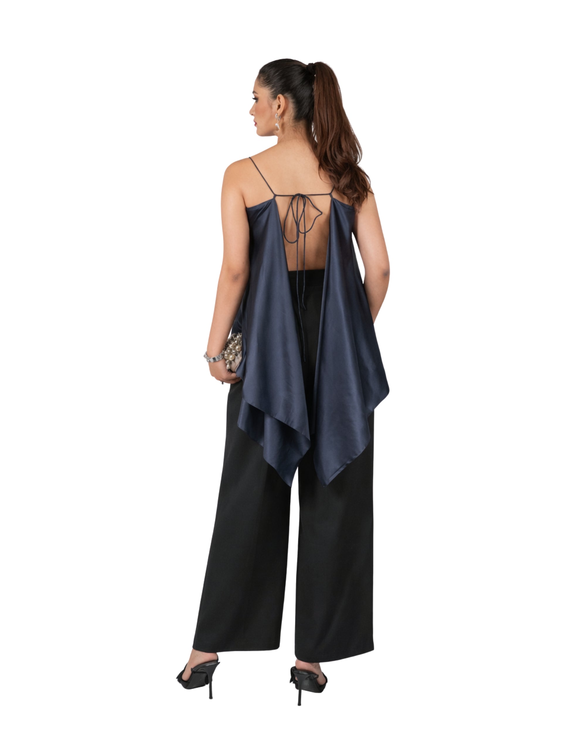 Navy satin backless cami top with asymmetric drape and tie-up straps for women