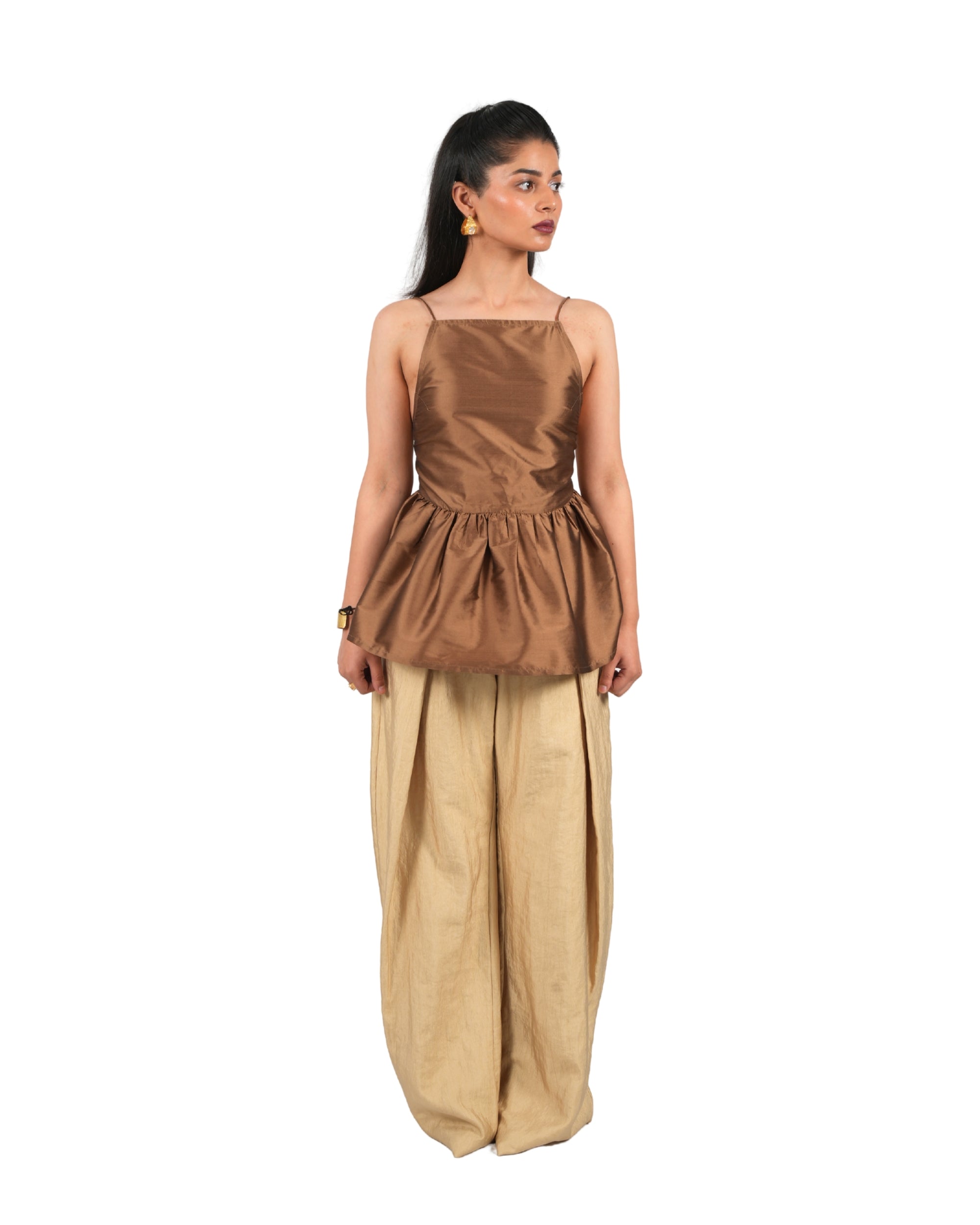 Backless satin top with structured fit and soft flare