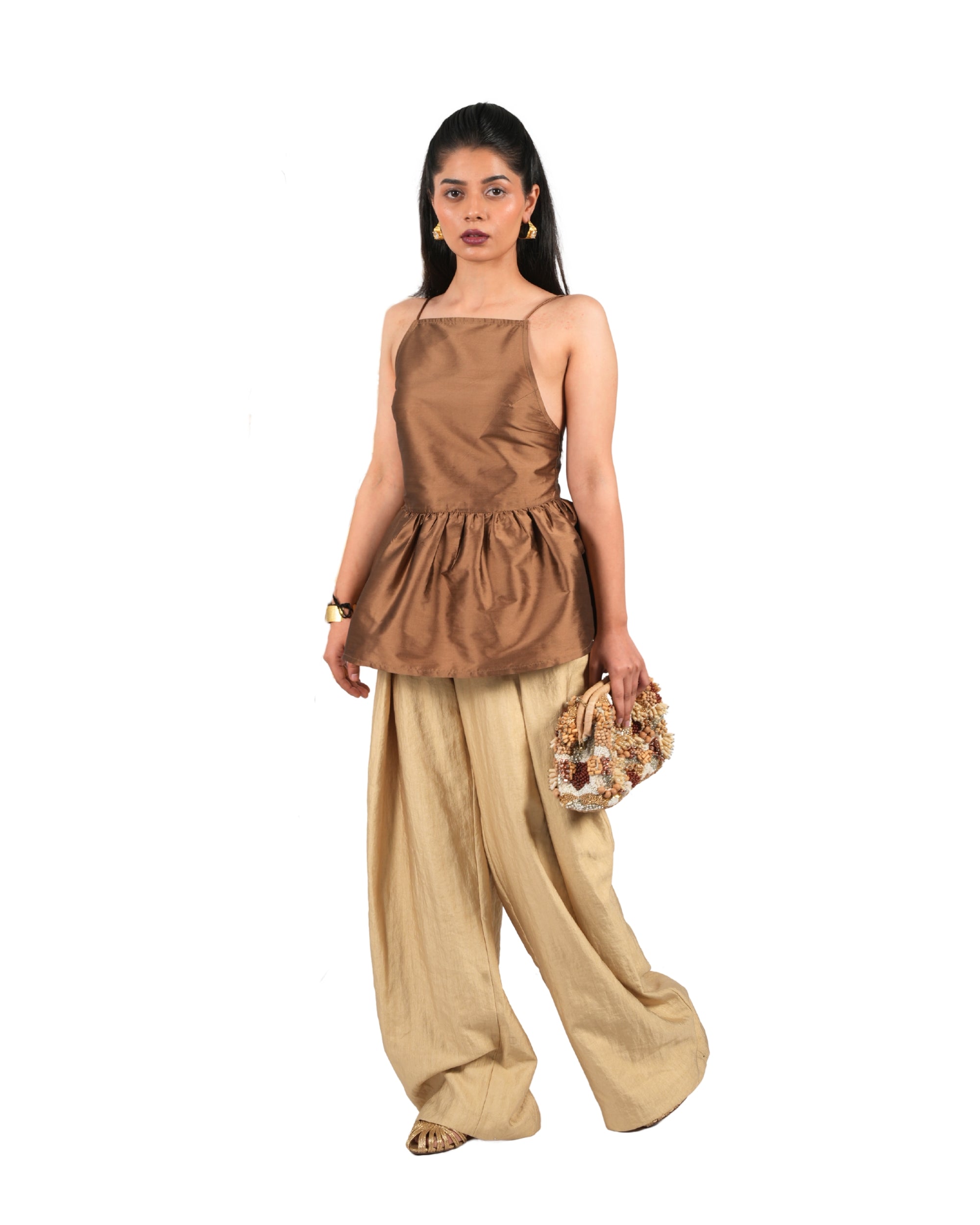 Chocolate brown satin peplum top for women with structured bodice and low back design