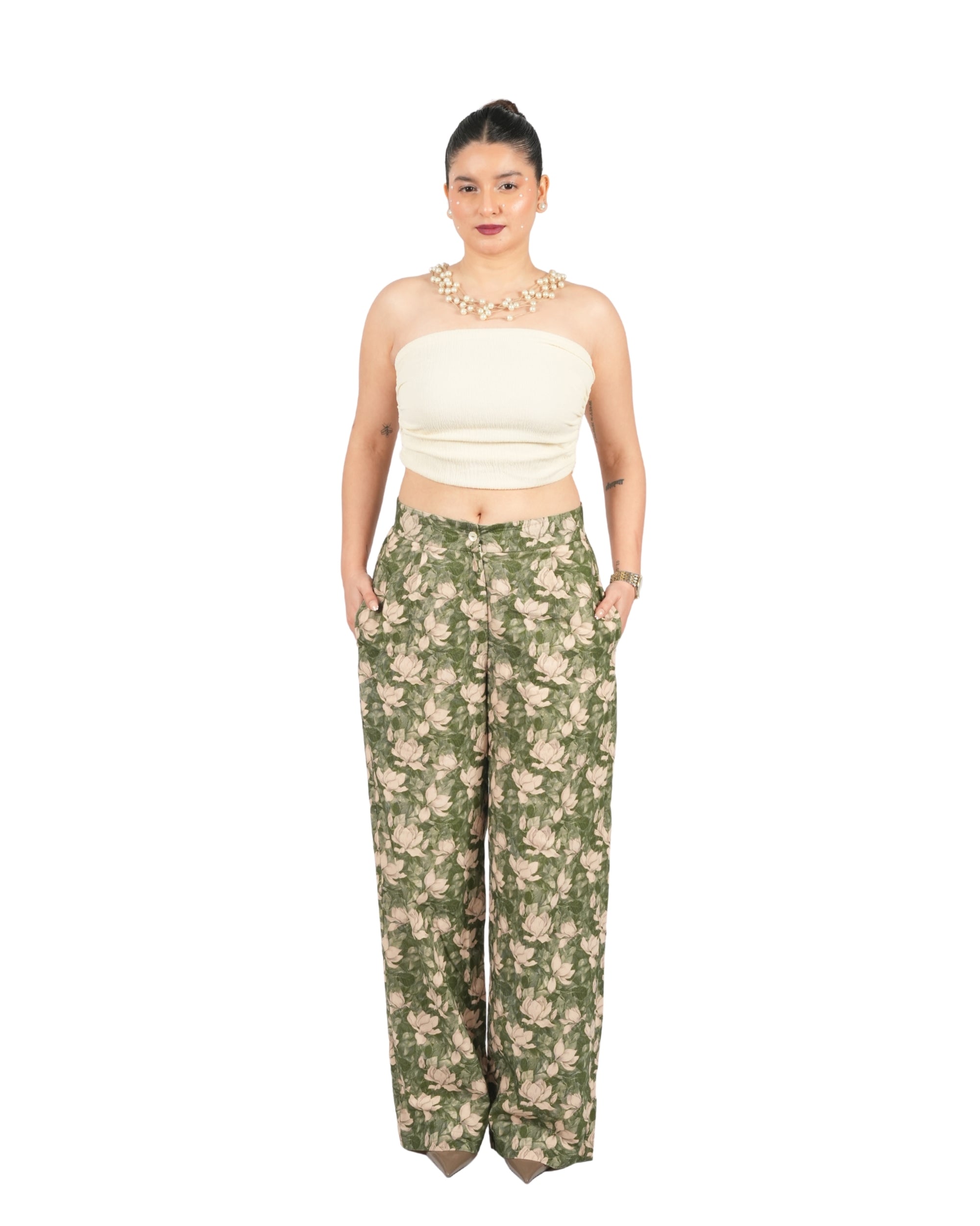 Green floral wide leg pants for women with relaxed fit and high waist silhouette