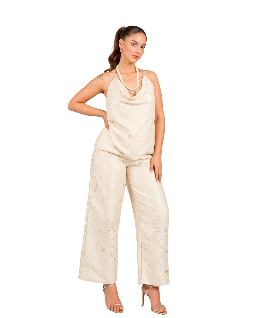 Ivory brasso halter top with draped neckline for women in textured fabric