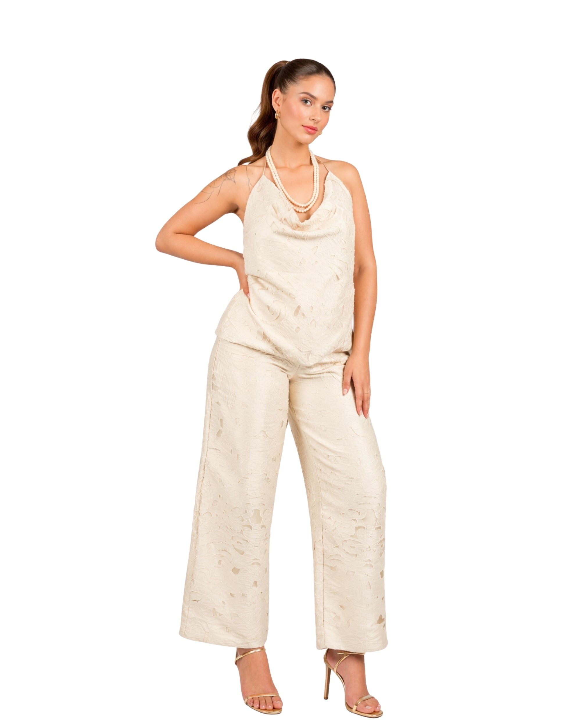 Ivory brasso halter top with draped neckline for women in textured fabric