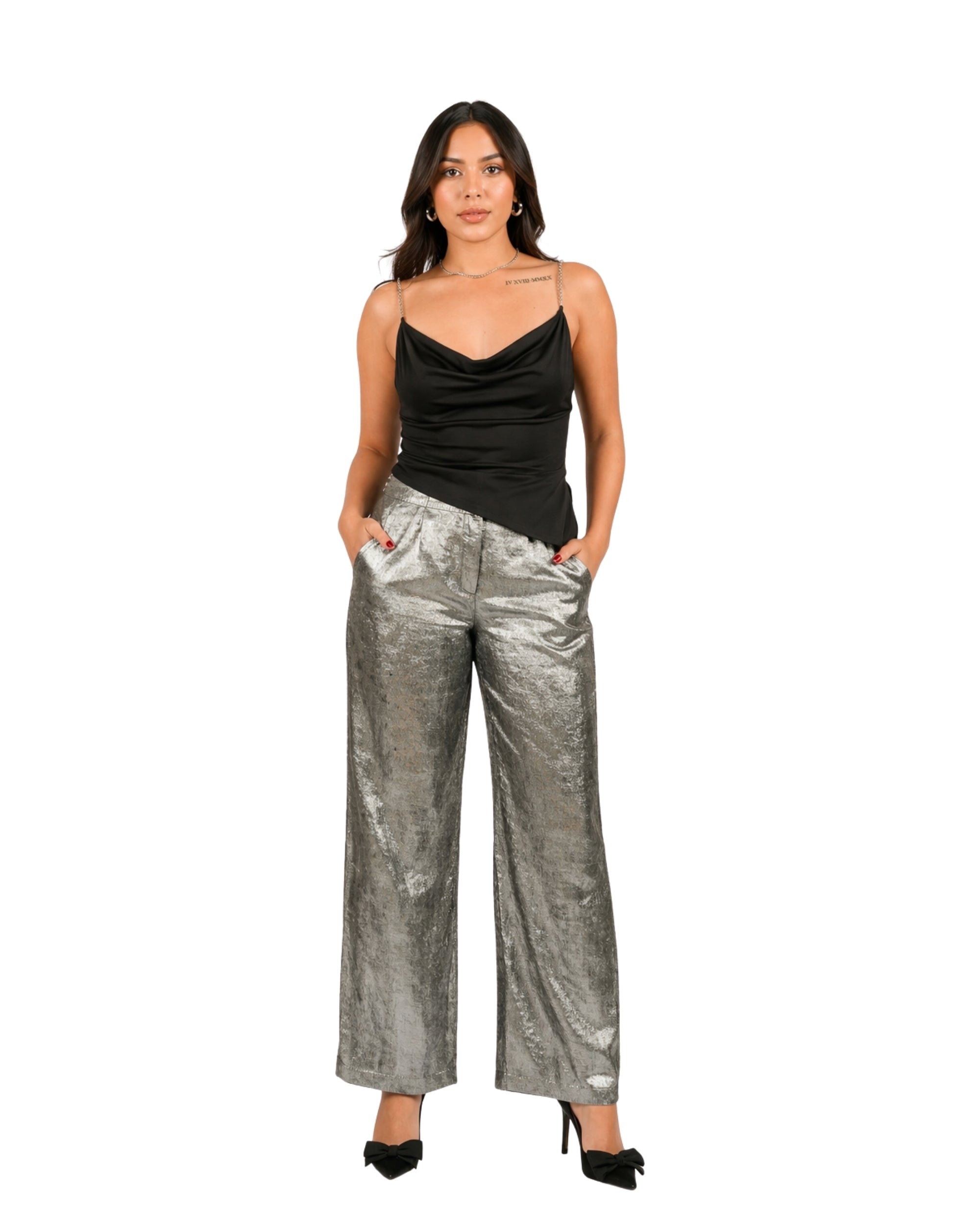 Silver metallic wide leg pants for women with high waist and fluid silhouette