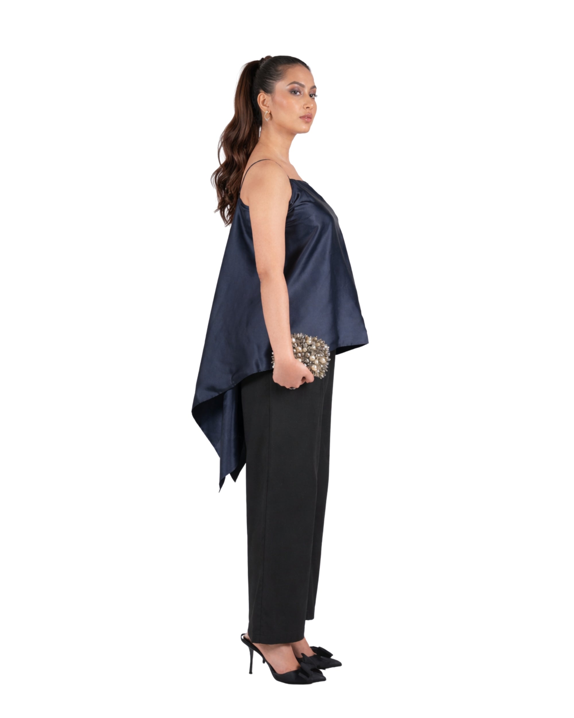 satin backless cami top with asymmetric drape and tie-up straps for women