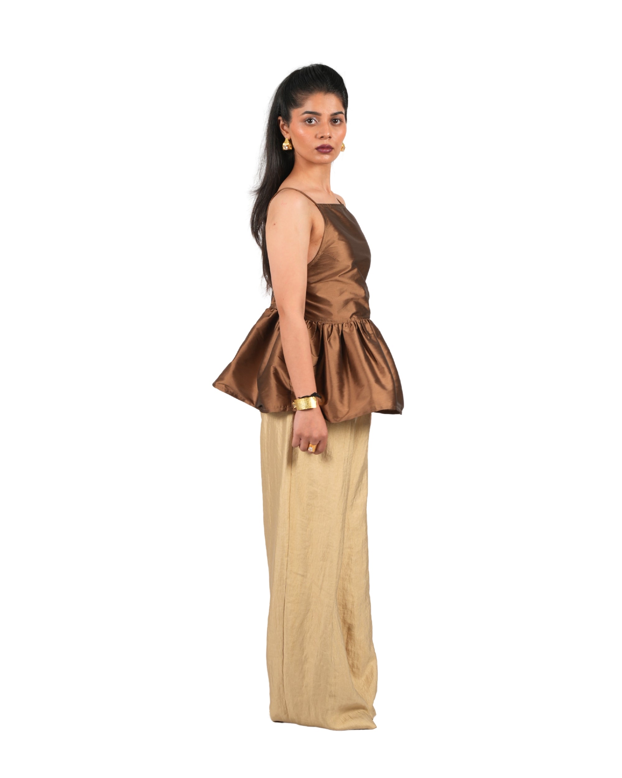 Backless taffeta top with structured fit and soft flare