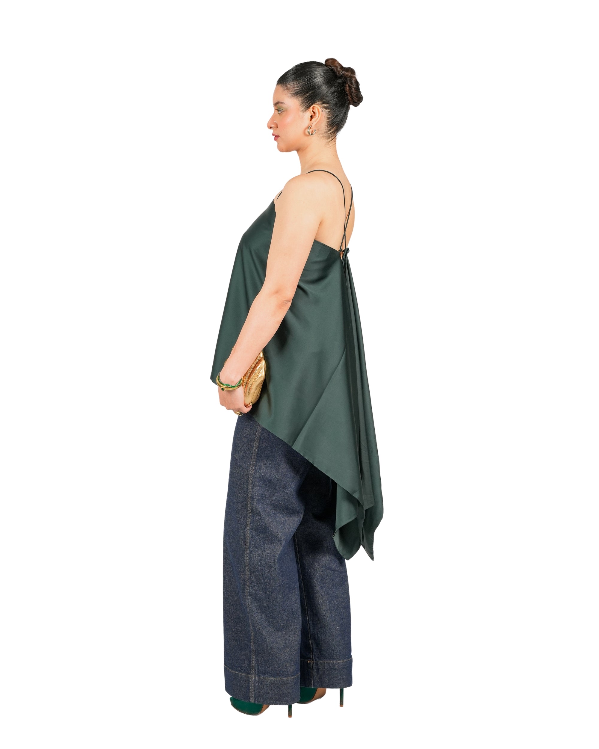 Emerald satin backless cami top with asymmetric drape