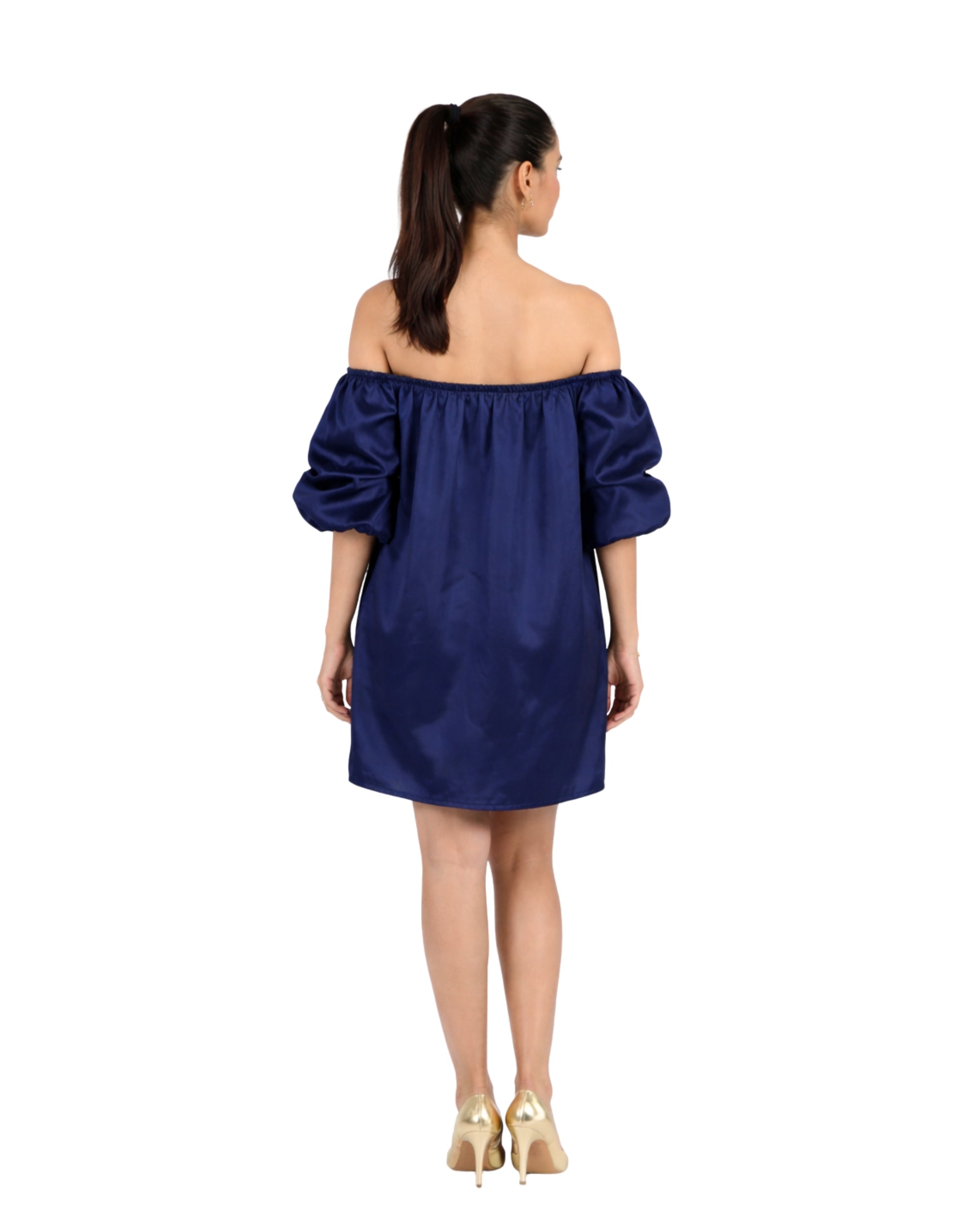 Navy off shoulder mini dress with voluminous sleeves and relaxed fit