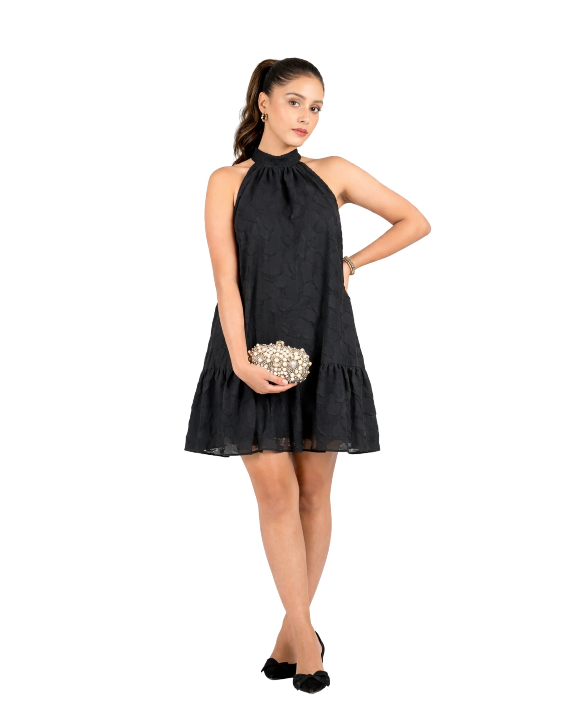 Black halter neck mini dress with A-line silhouette and flared hem for women