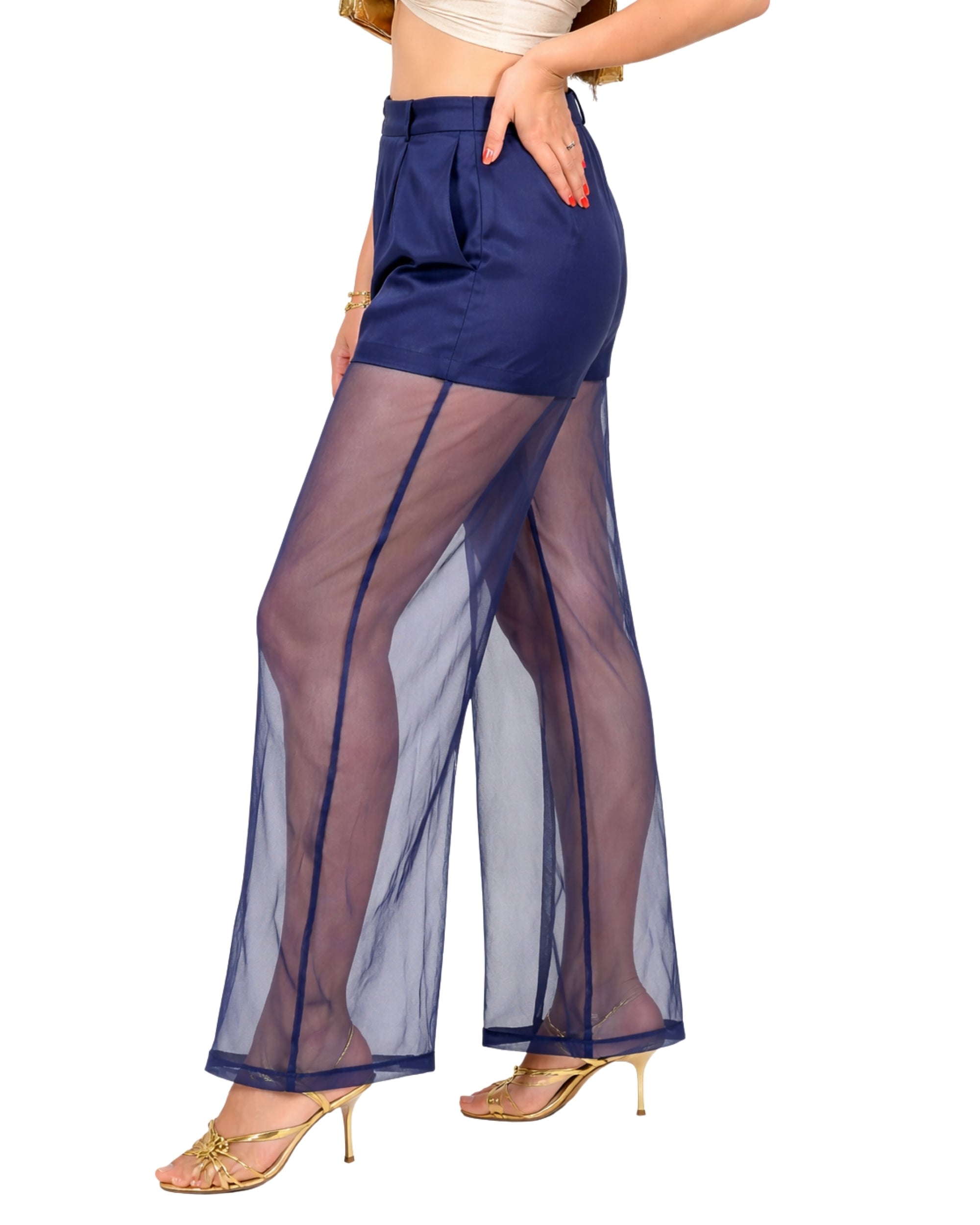 High waisted pants with sheer fabric overlay