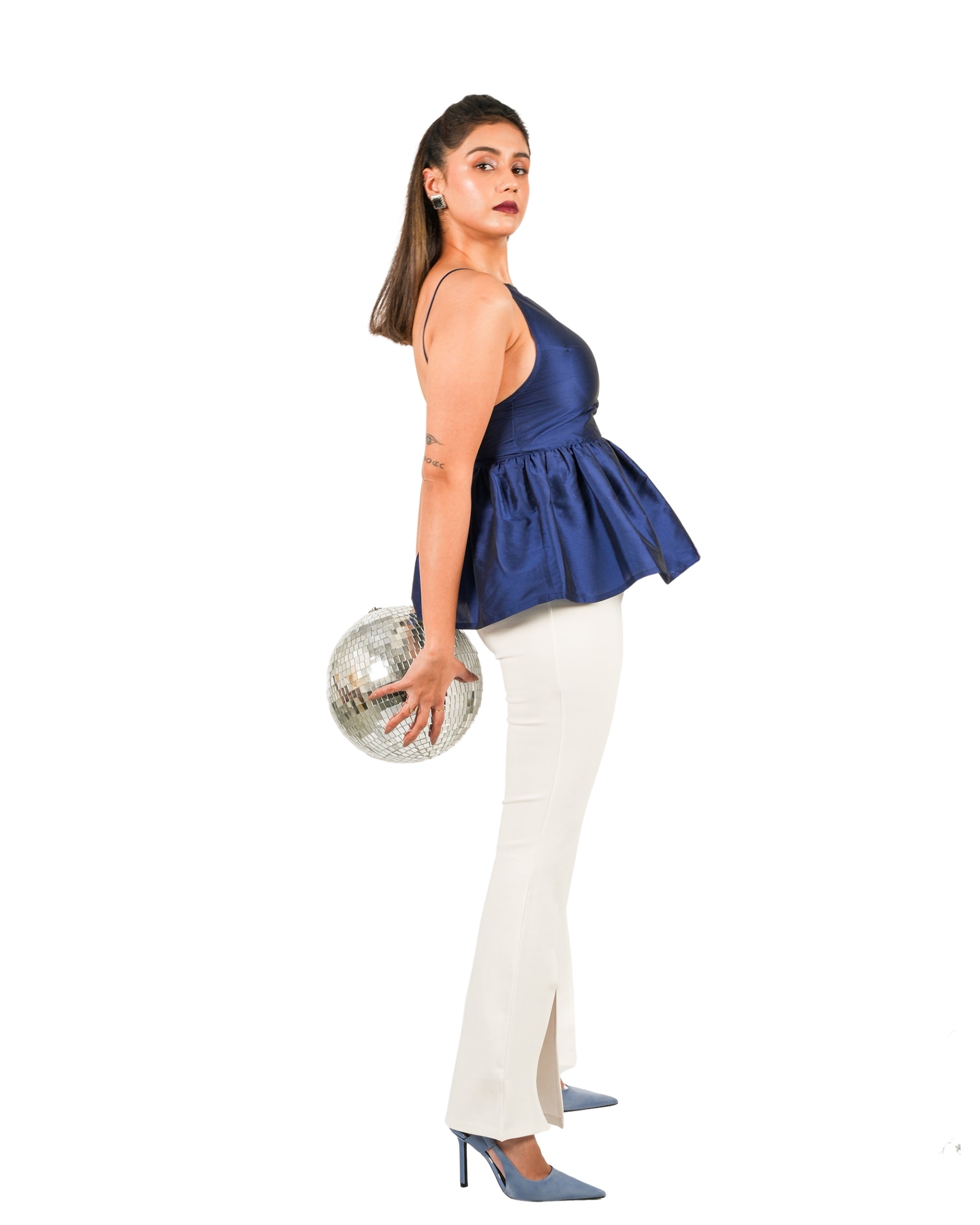Blue taffeta peplum top with noodle straps backless and flared silhouette