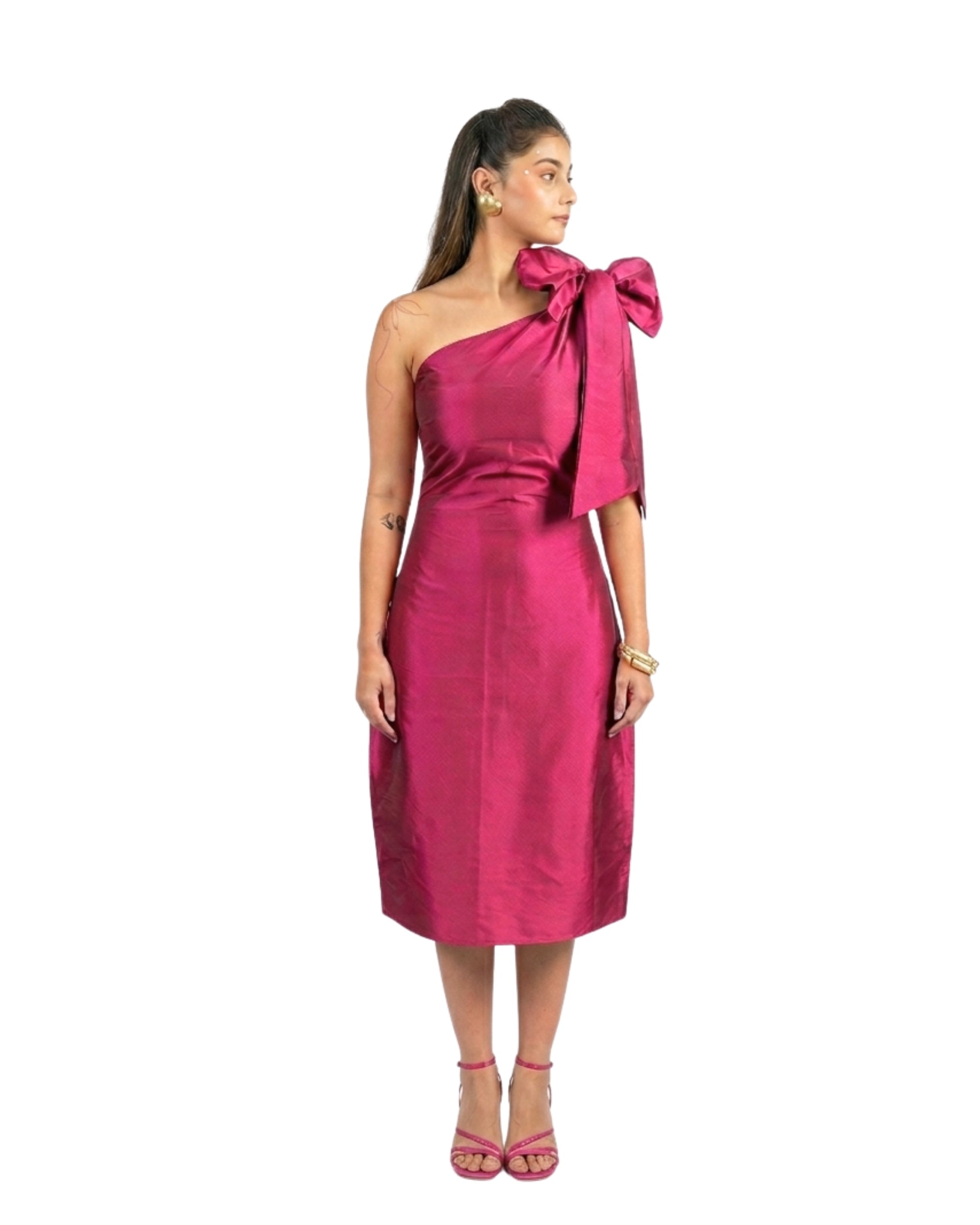 Fuchsia tafetta one shoulder dress 