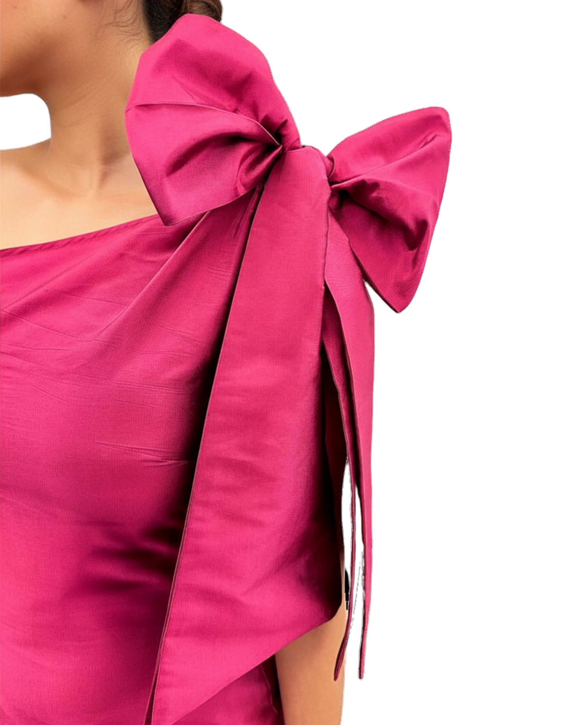 Fuchsia tafetta one shoulder dress with oversized bow and structured silhouette 