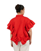 red shirt with statement ruffle detailing