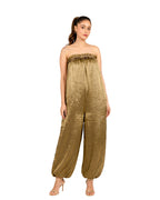 Gold organza strapless jumpsuit with neckline and pockets