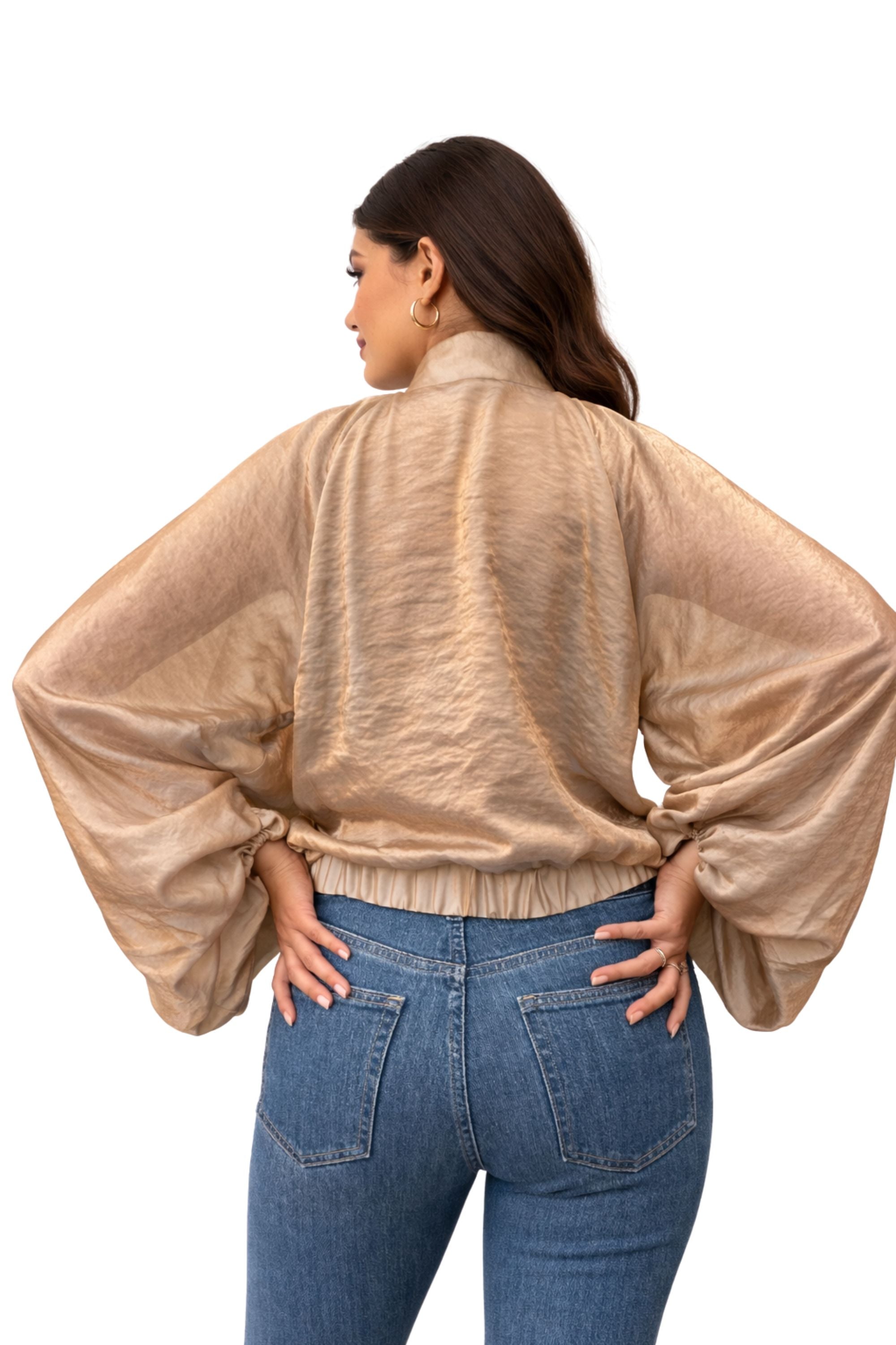 runway inspired gold organza jacket styled with denim womenswear