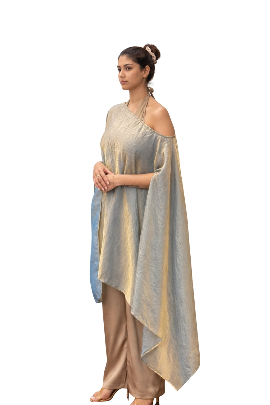 gold organza one shoulder overlay top for women sheer statement womenswear India