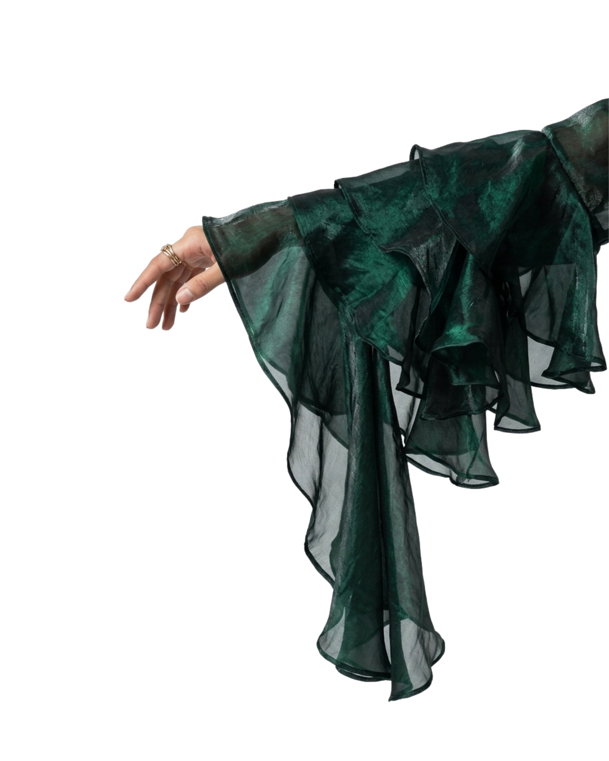 Emerald green sheer organza top with tiered ruffle sleeves 