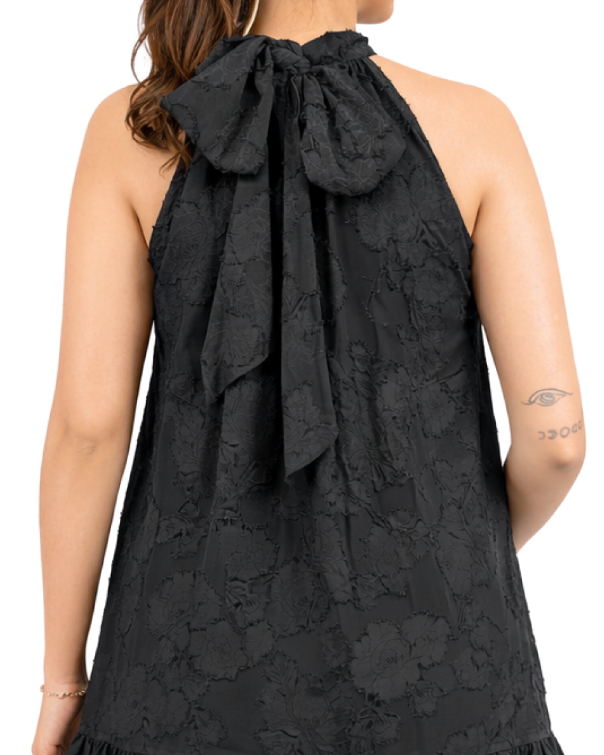 Black halter neck mini dress with A-line silhouette