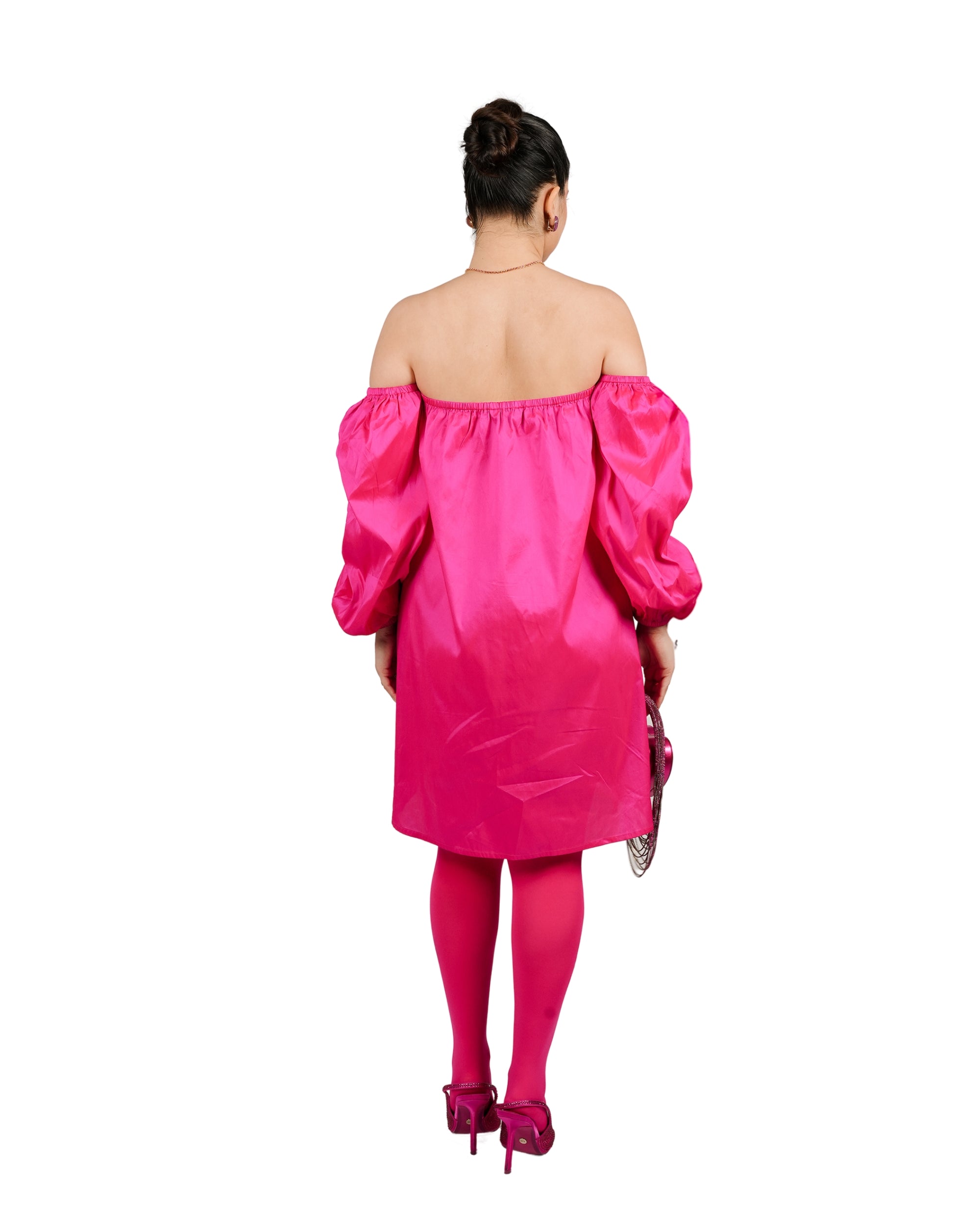 Hot pink off shoulder mini dress with voluminous sleeves