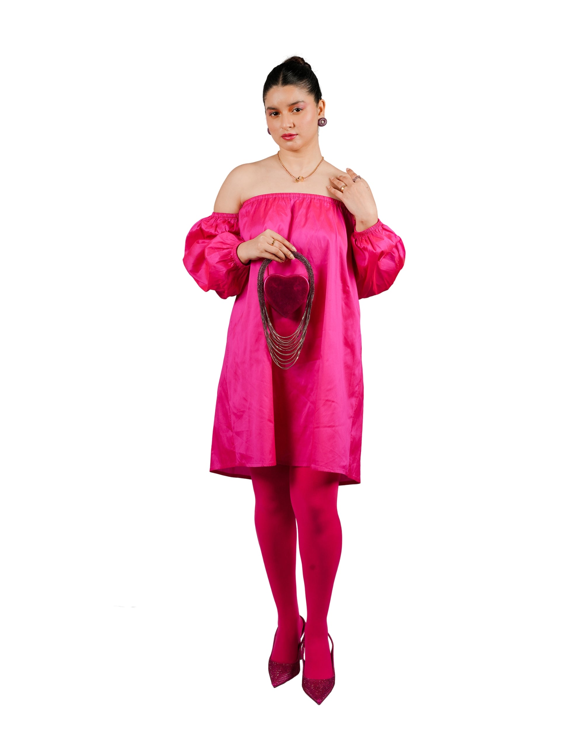 Hot pink off shoulder mini dress with voluminous sleeves and relaxed fit for women