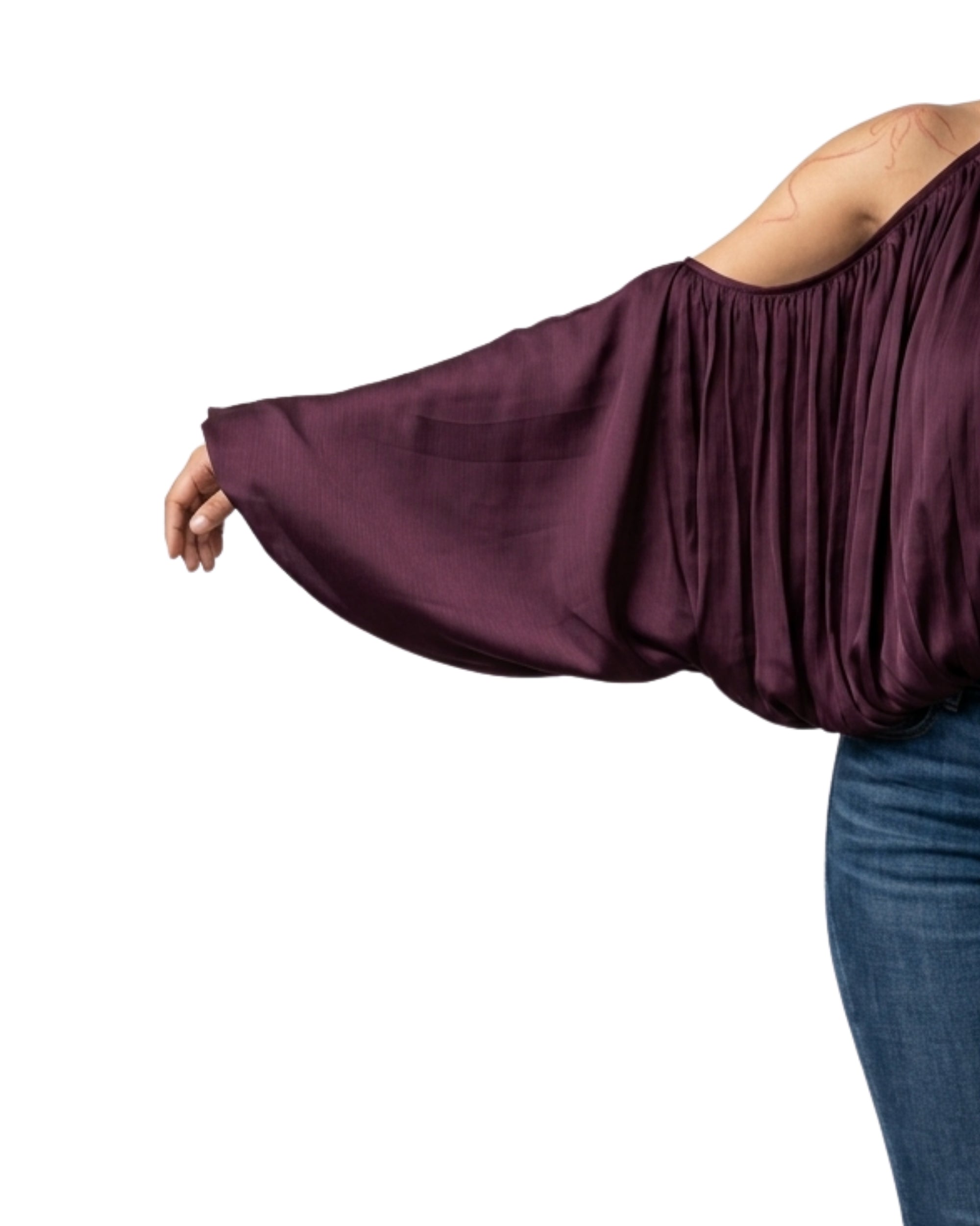 Wine draped cold shoulder top with voluminous sleeves 