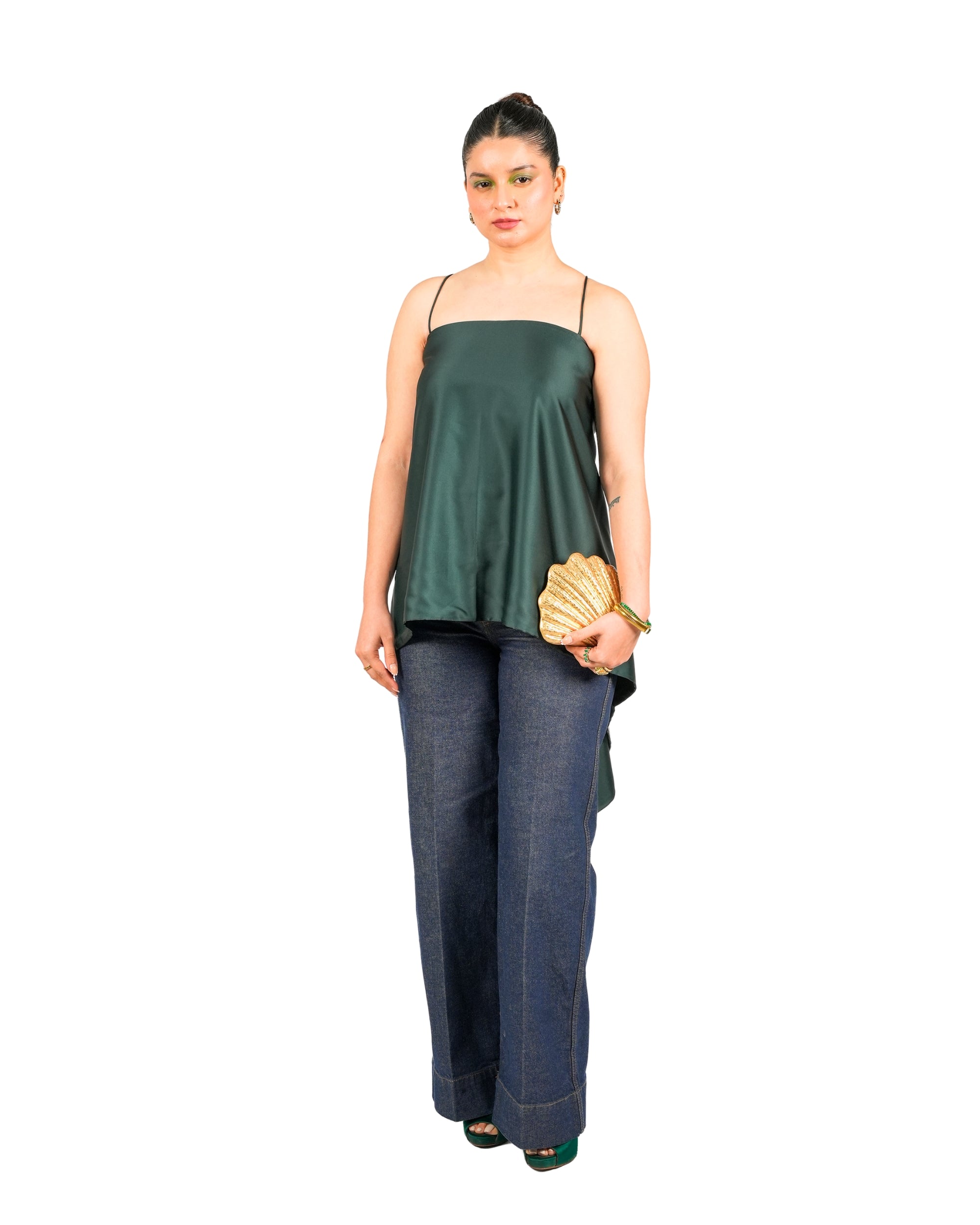 Emerald satin backless cami top with asymmetric drape and tie-up straps 