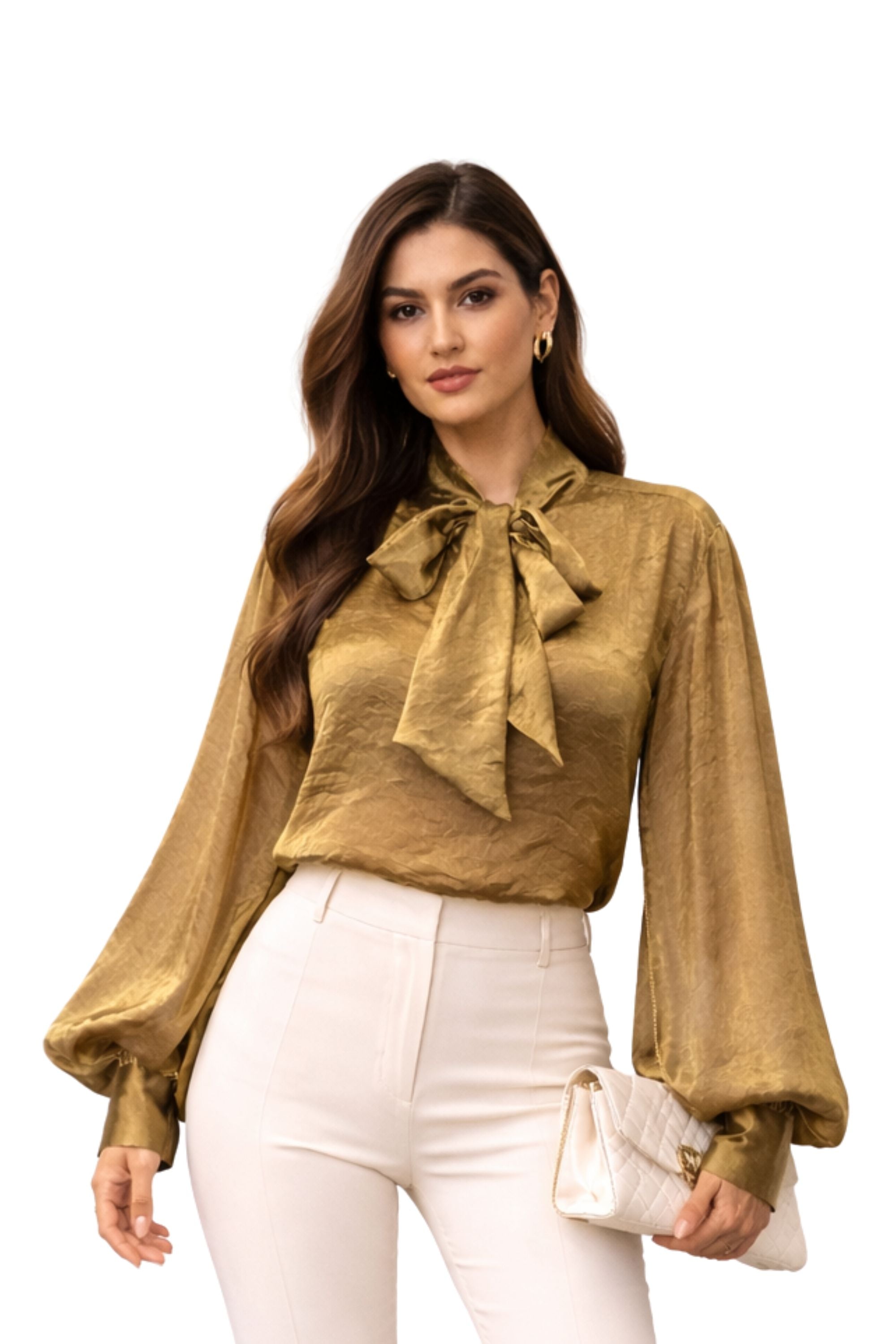 gold organza statement top styled with tailored pants modern womenswear