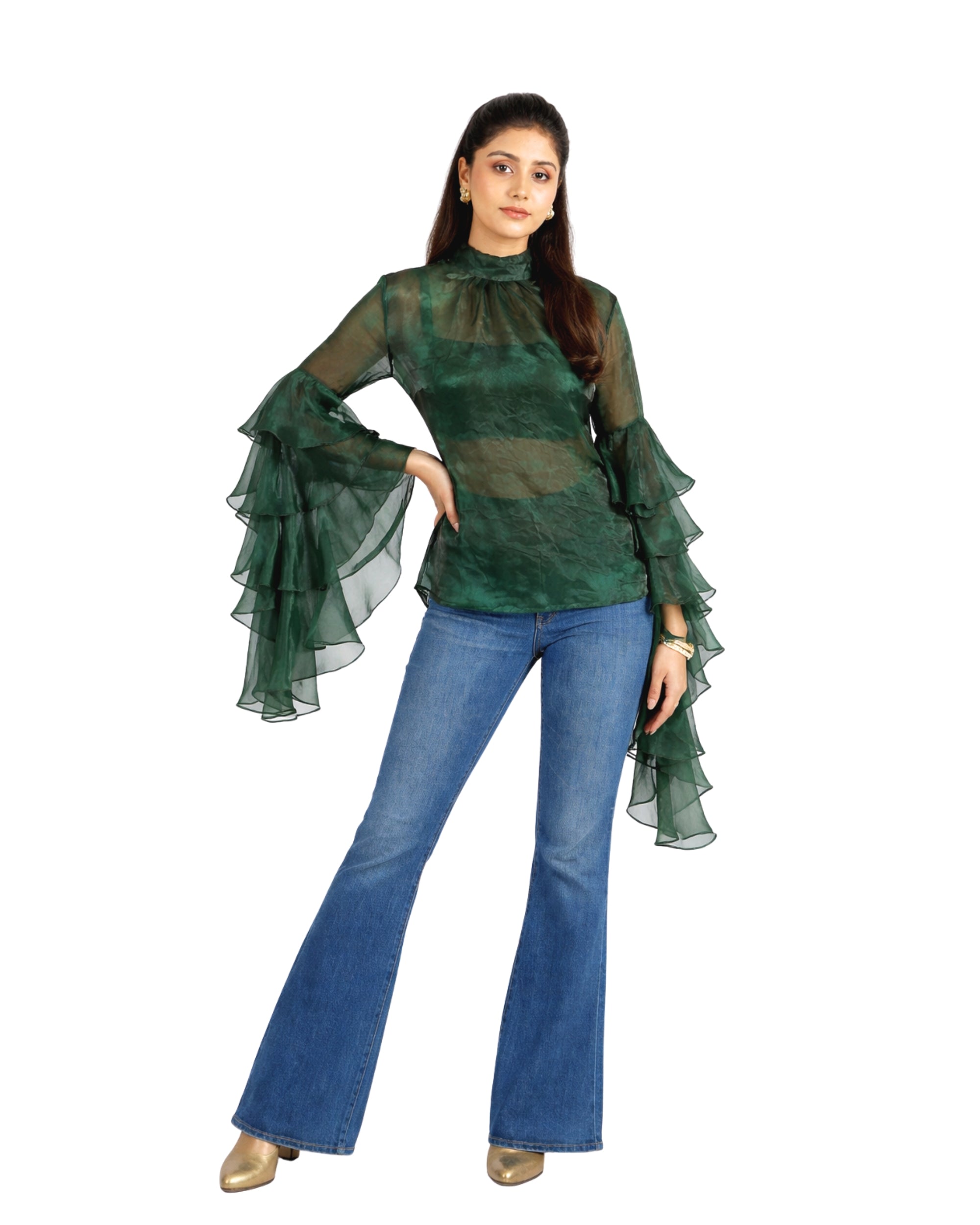 Emerald green sheer organza top with tiered ruffle sleeves and high neckline for women