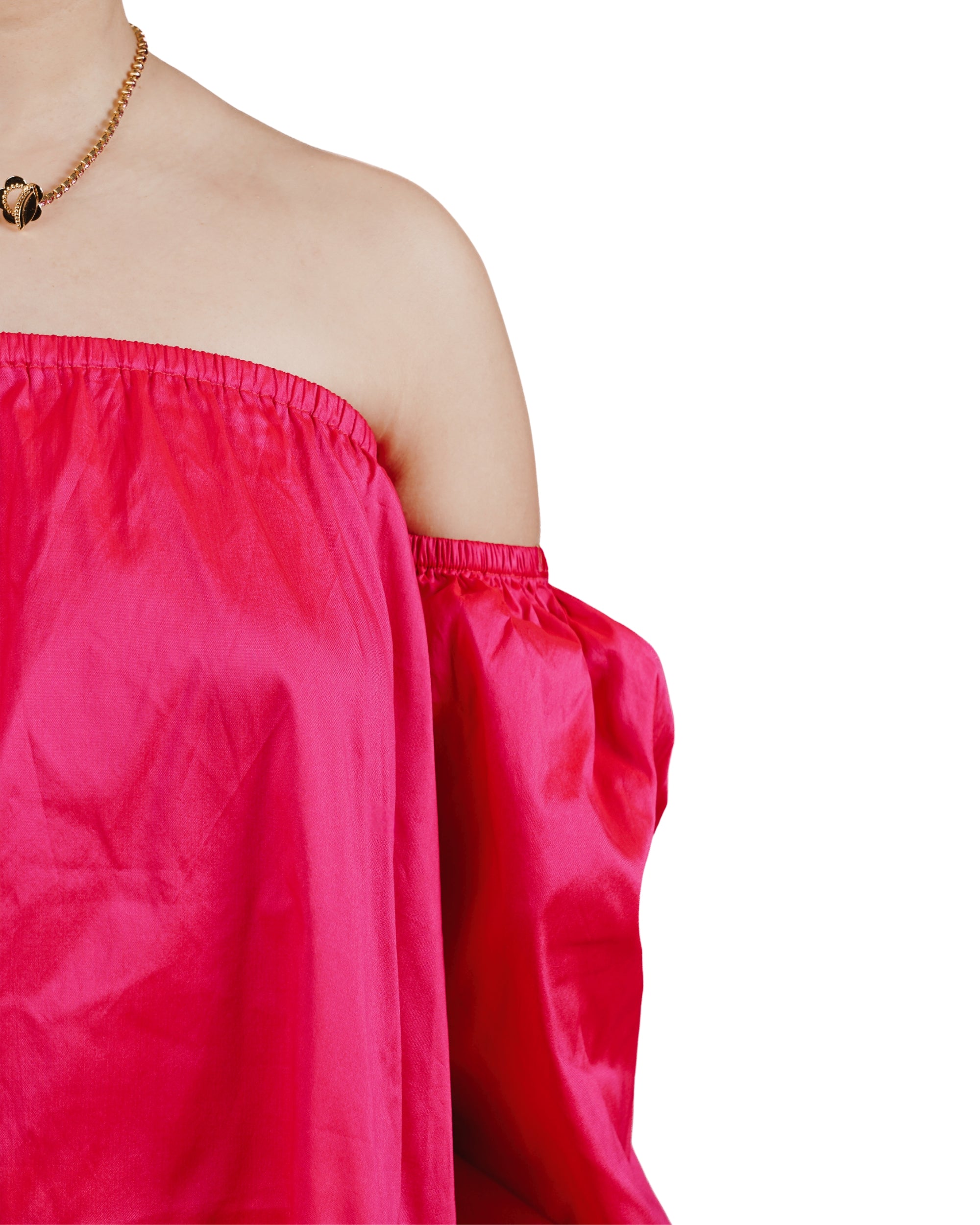 Hot pink off shoulder mini dress with voluminous sleeves