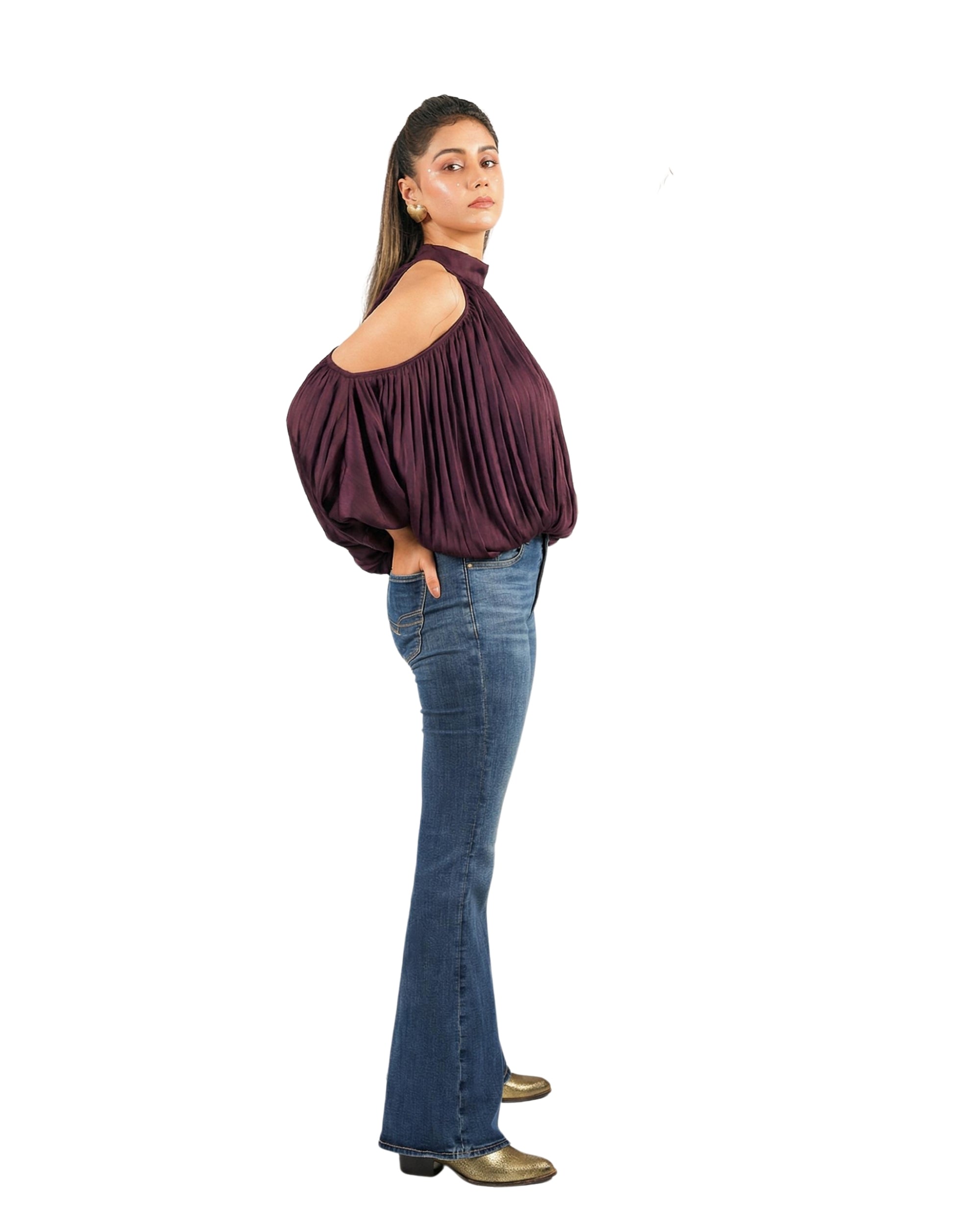 Wine draped cold shoulder top with voluminous sleeves and gathered neckline for women