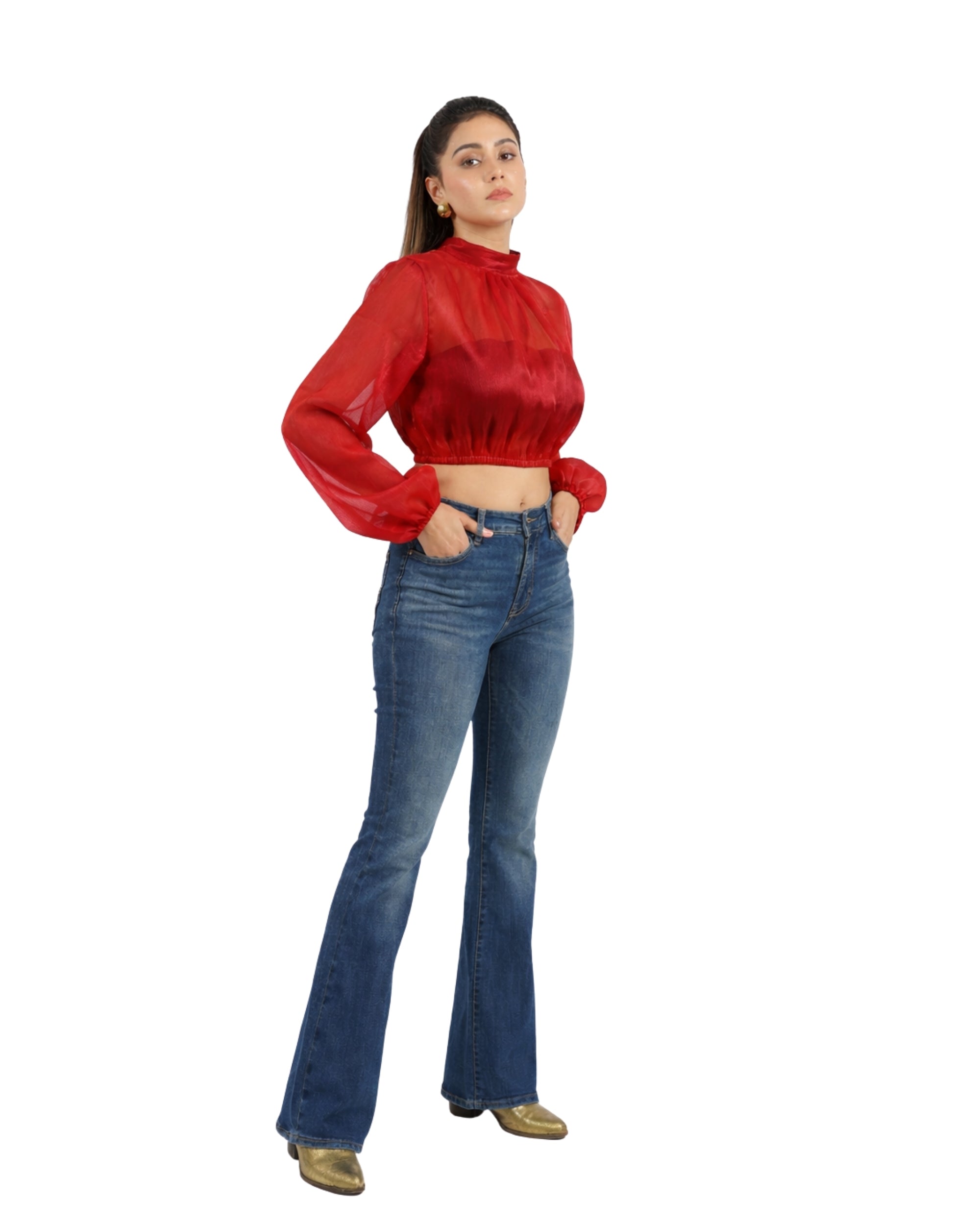 Red sheer organza crop top with high neck and full sleeves for women