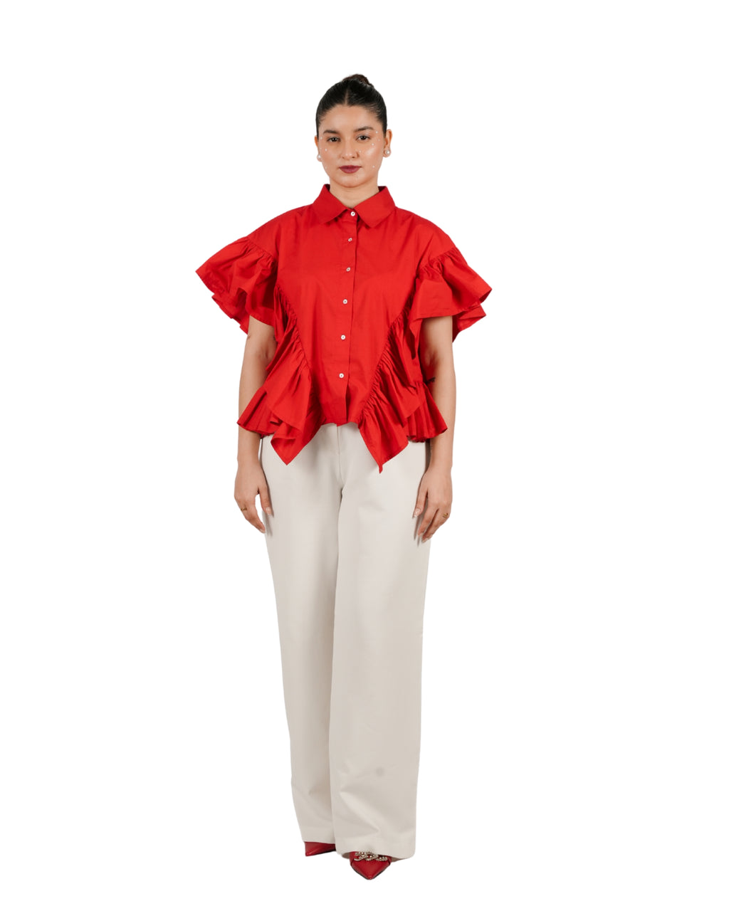 Red button-down shirt with statement ruffle detailing and voluminous silhouette for women