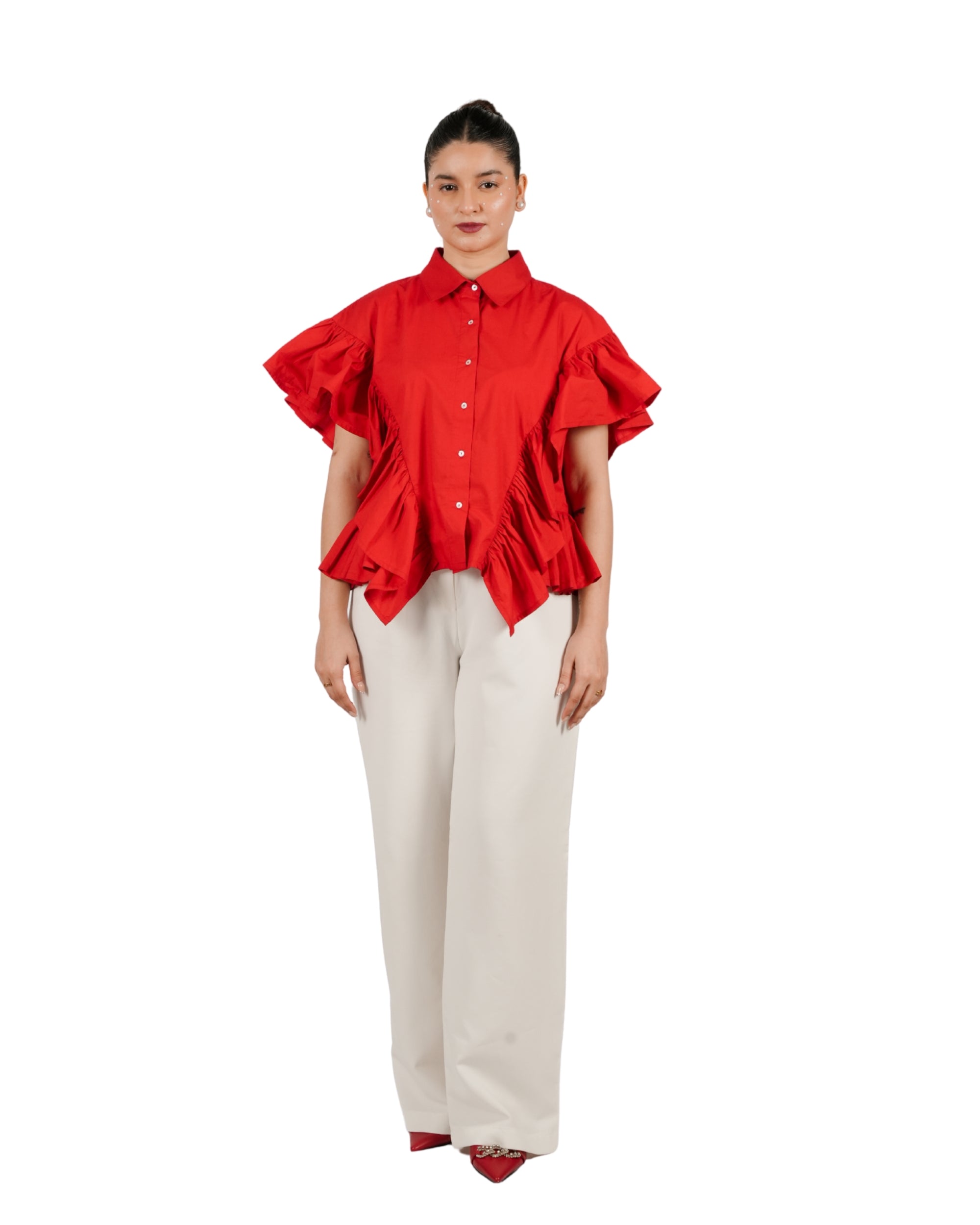 Red button-down shirt with statement ruffle detailing and voluminous silhouette for women
