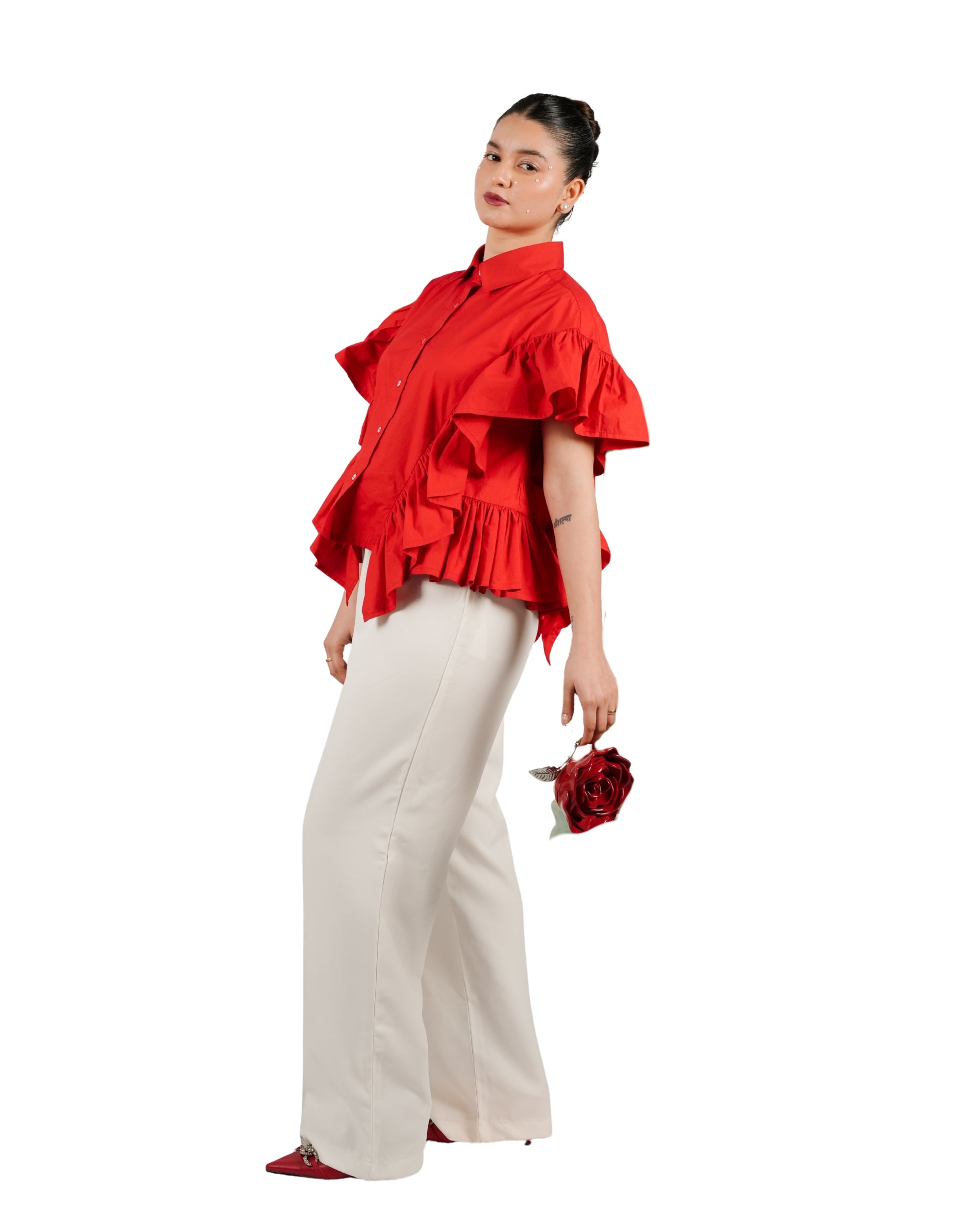 Red button-down shirt with statement ruffle detailing 