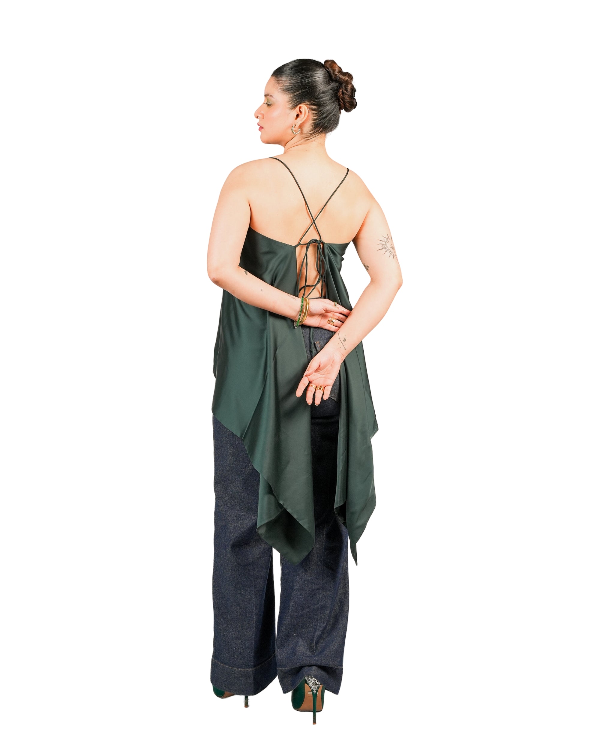 Emerald satin backless cami top with asymmetric drape and tie-up straps for women