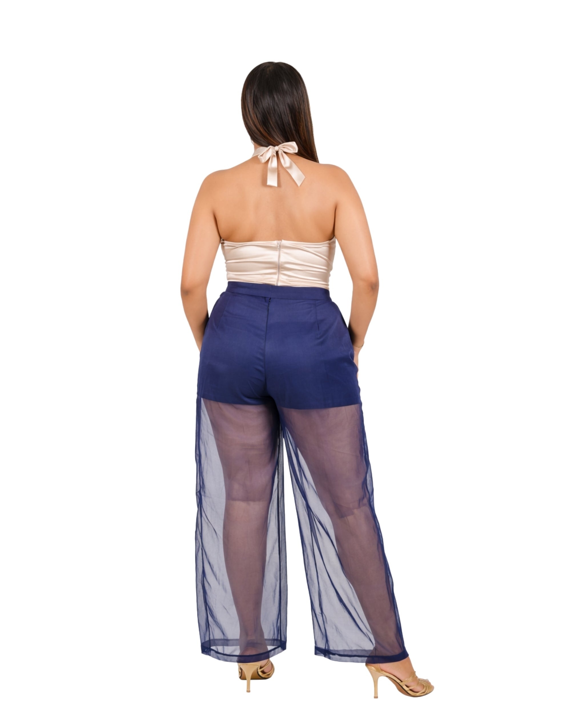 Sheer wide leg pants with organza overlay in navy blue