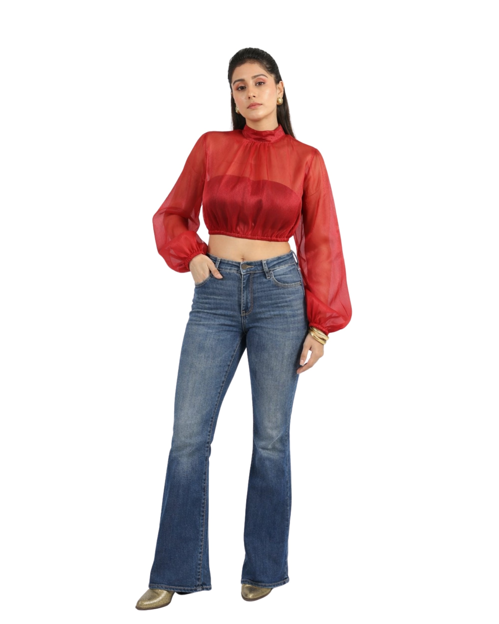 Red organza crop top with high neck and full sleeves for women