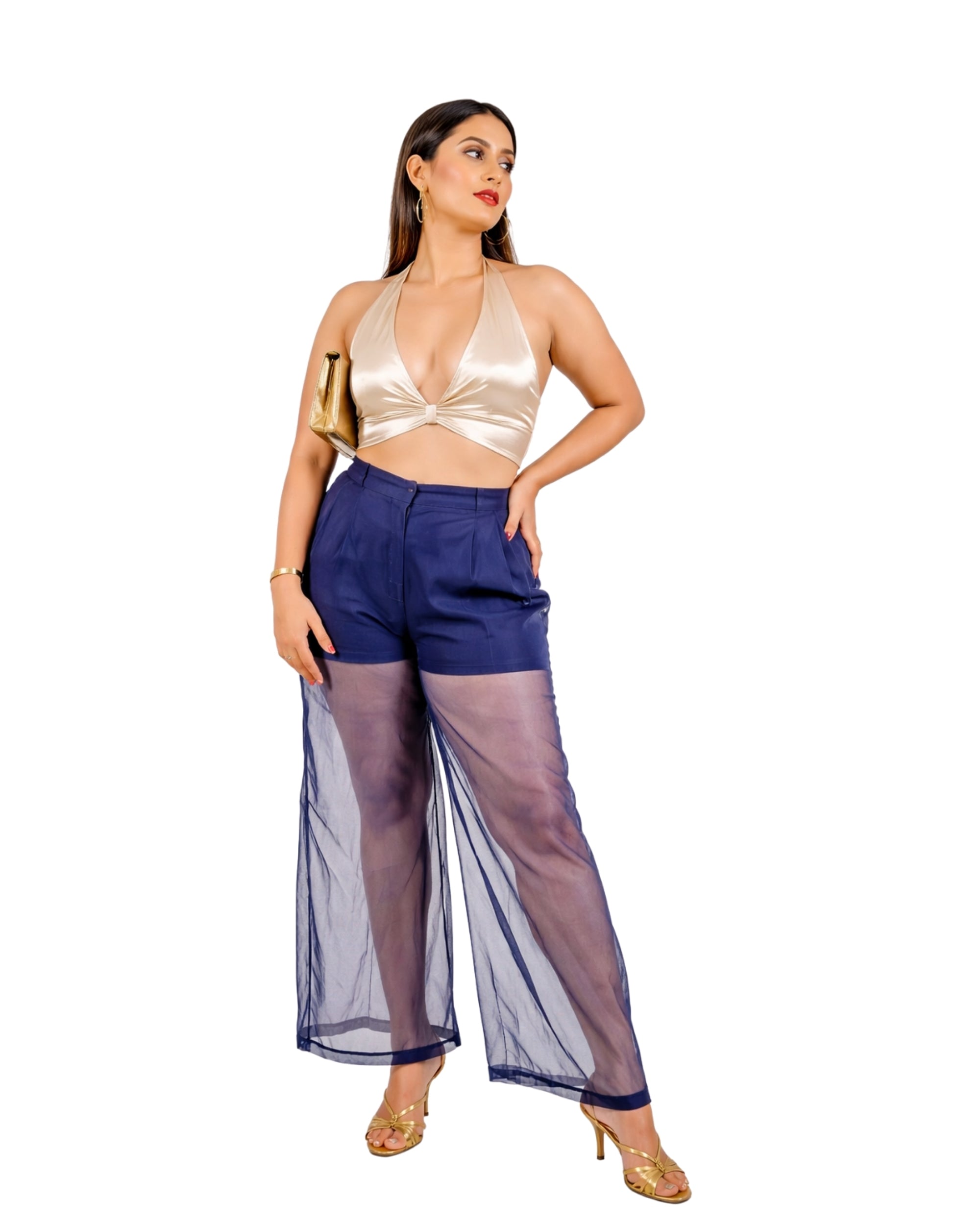 Navy sheer organza overlay pants with inner shorts and wide leg silhouette for women