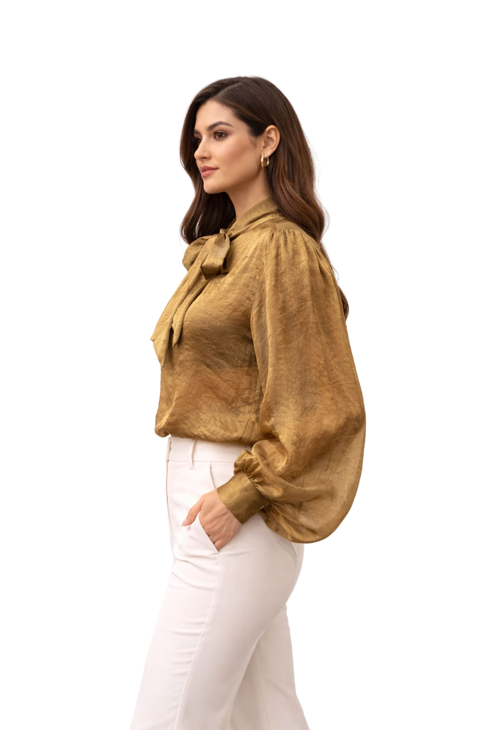 sheer gold organza blouse with statement bow detail womenswear