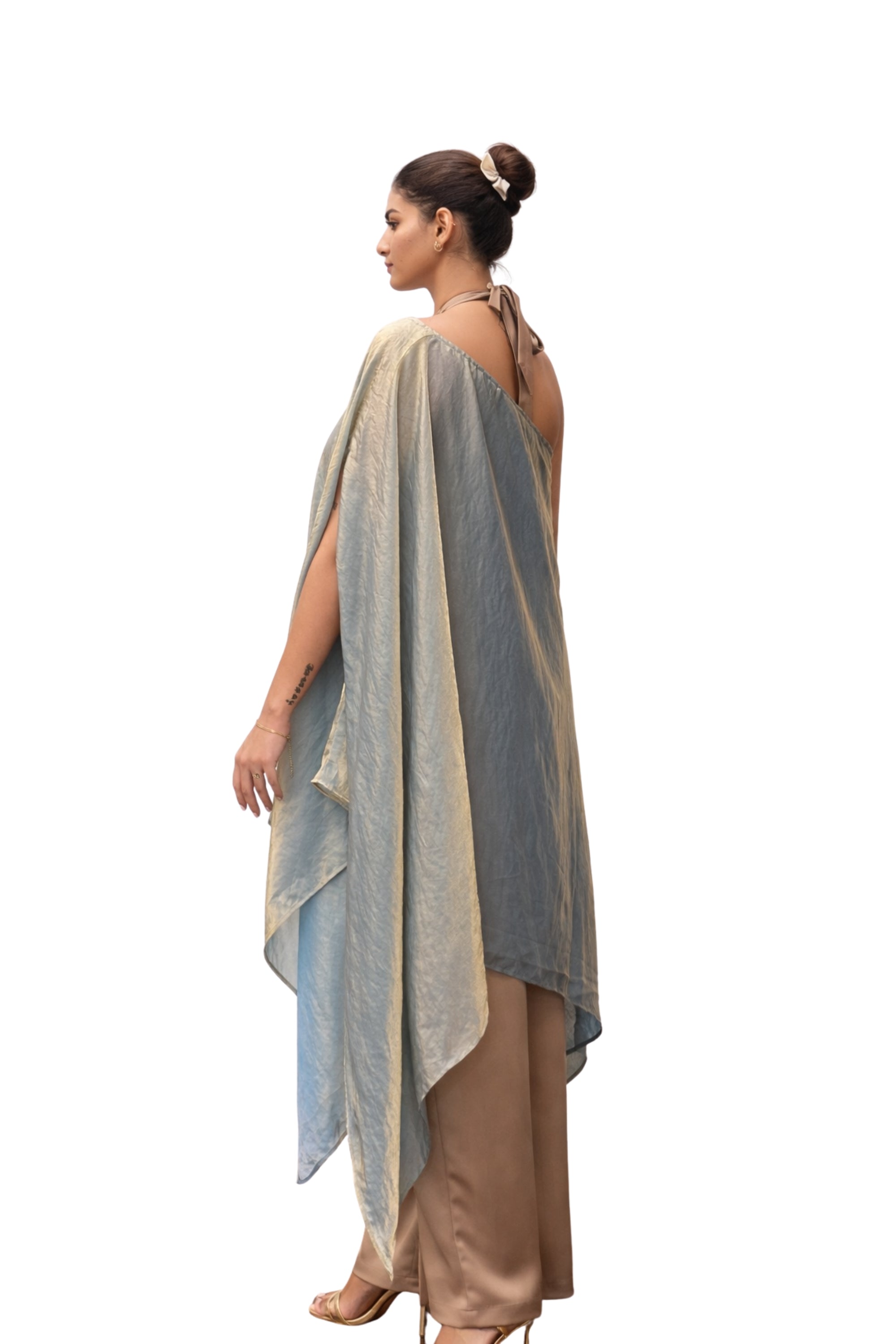 sheer gold organza overlay top one shoulder statement fashion womenswear