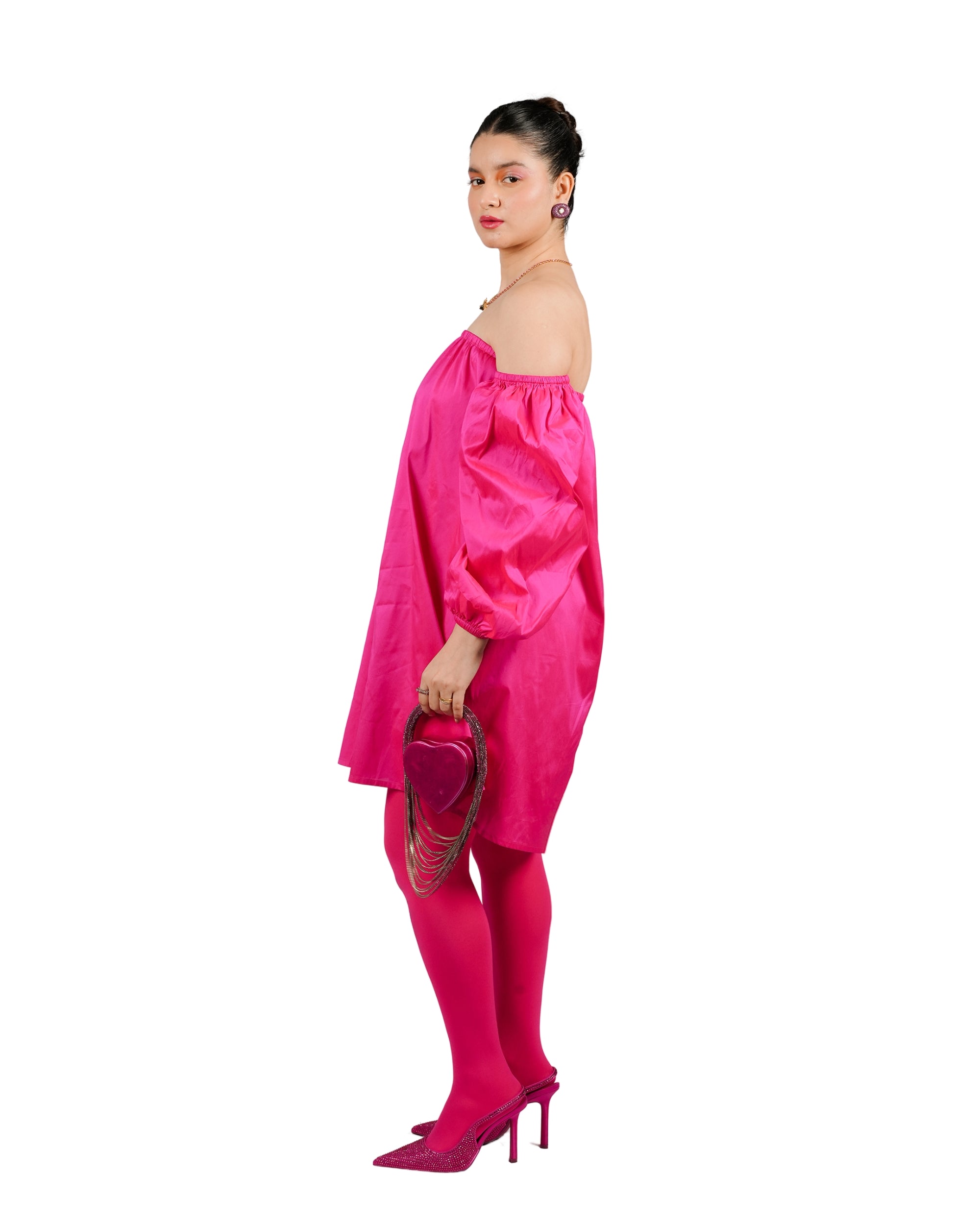 Hot pink off shoulder mini dress with voluminous sleeves and relaxed fit