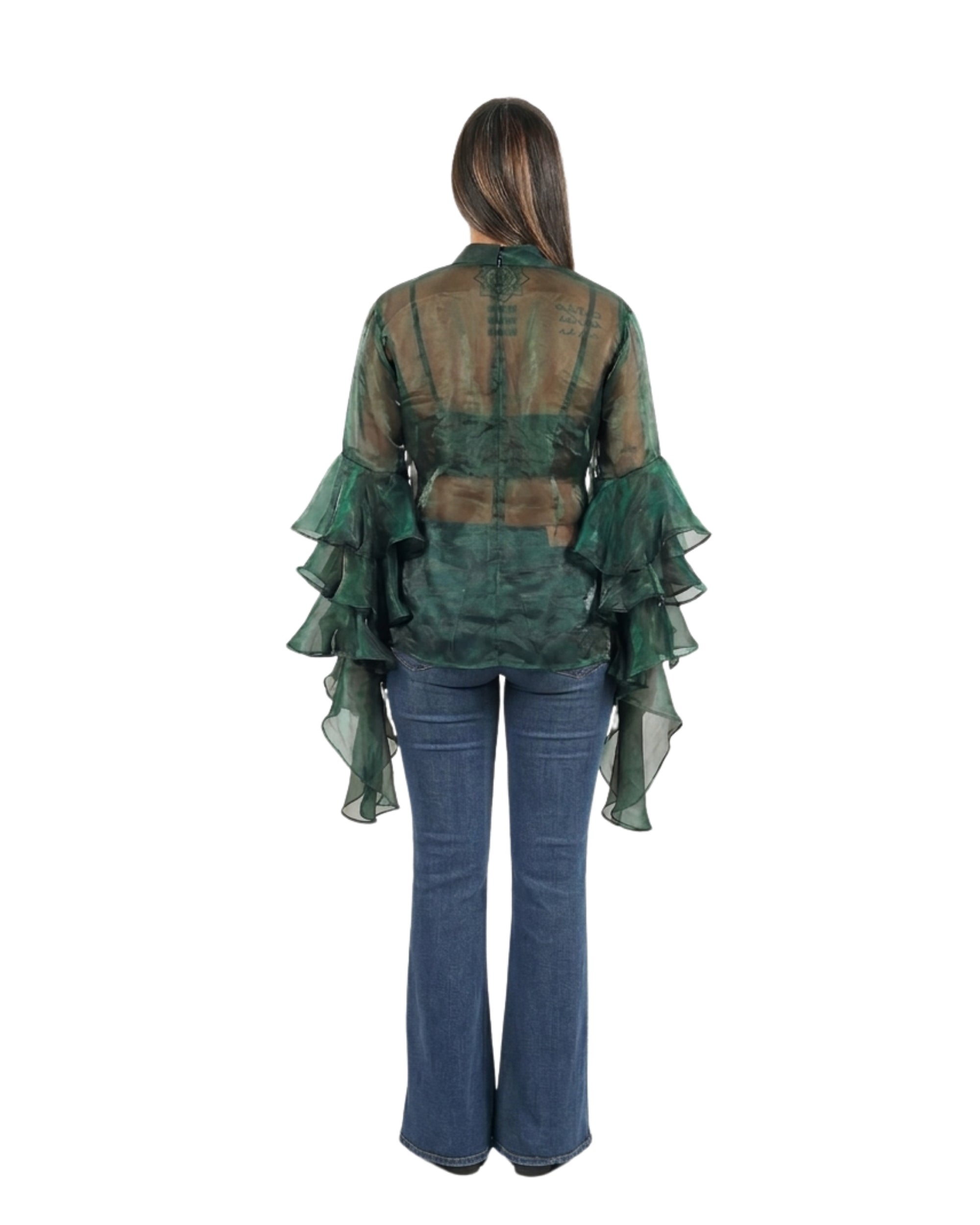 Emerald green sheer organza top with tiered ruffle sleeves and high neckline 