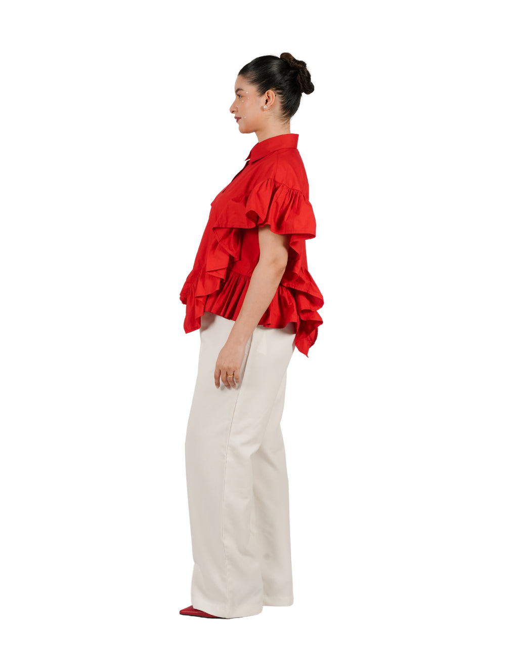 Red shirt with statement ruffle detailing and voluminous silhouette for women