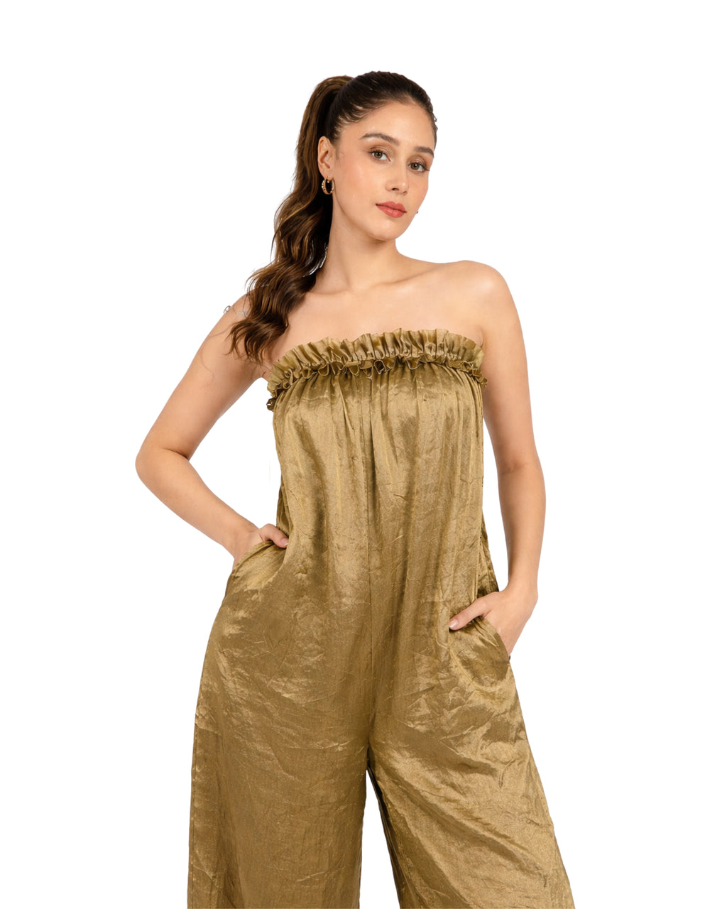 strapless jumpsuit for women with wide leg silhouette