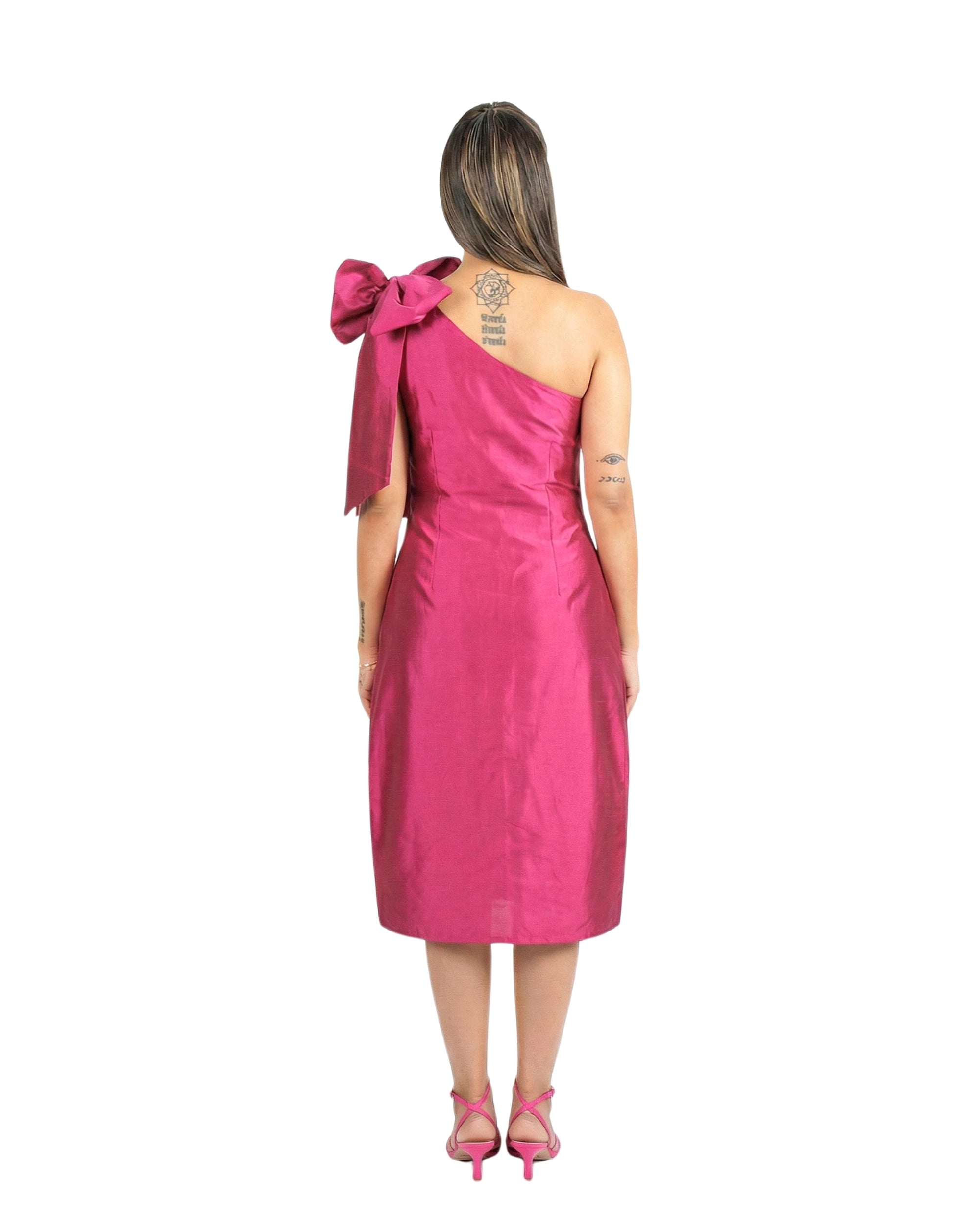 Fuchsia tafetta one shoulder dress with structured silhouette for women