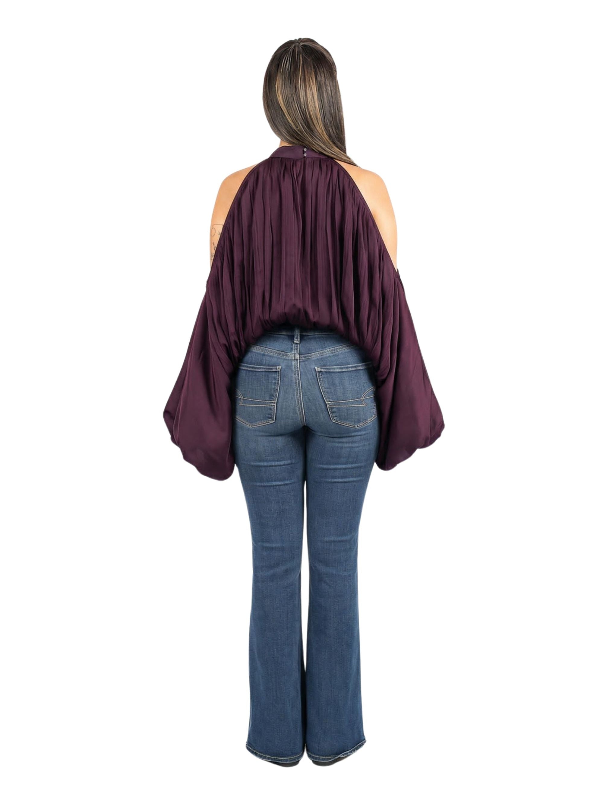 Wine draped cold shoulder top with gathered neckline for women